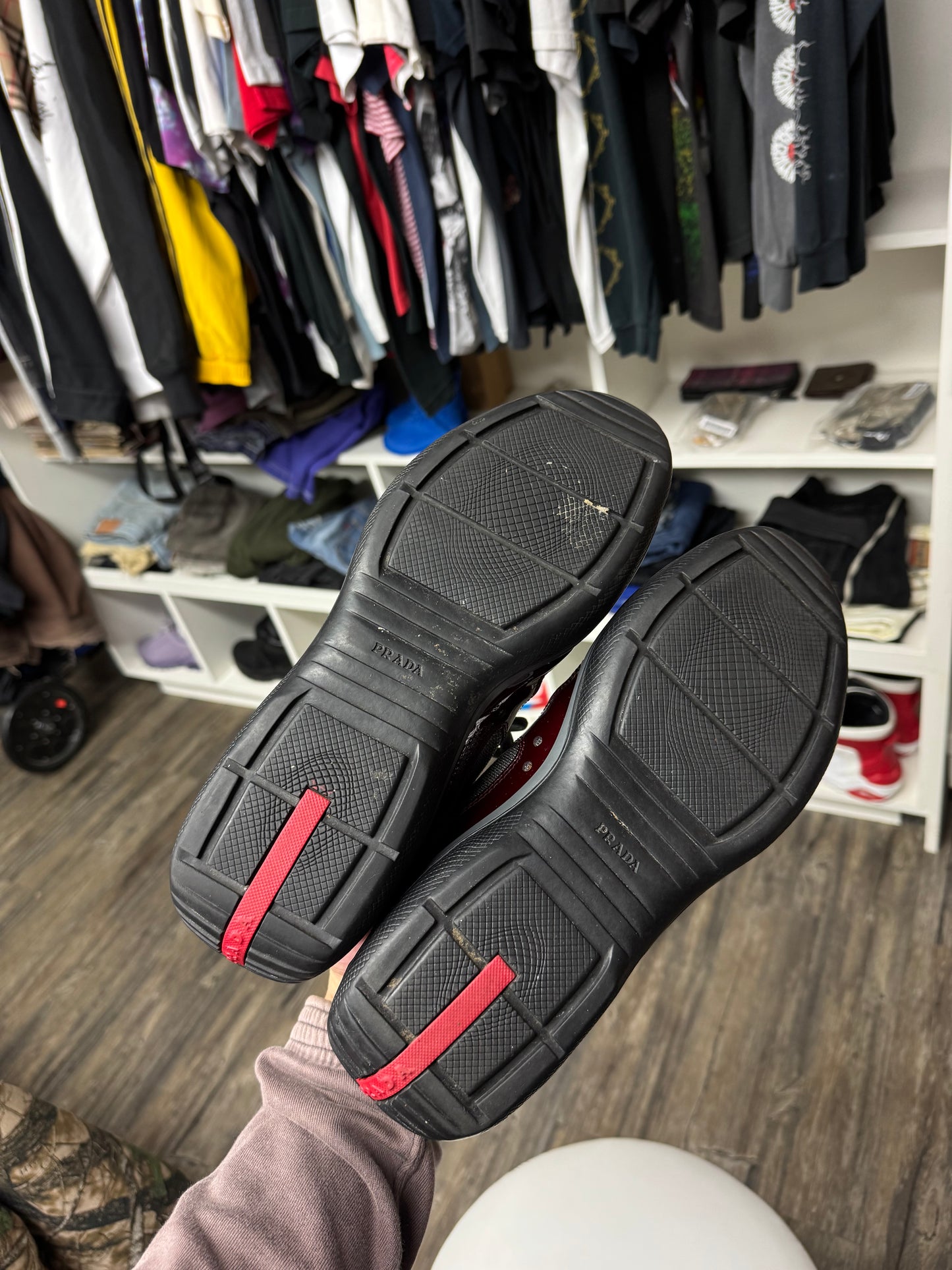 PRADA WINE RED PATENT LEATHER CUPS (10.5)