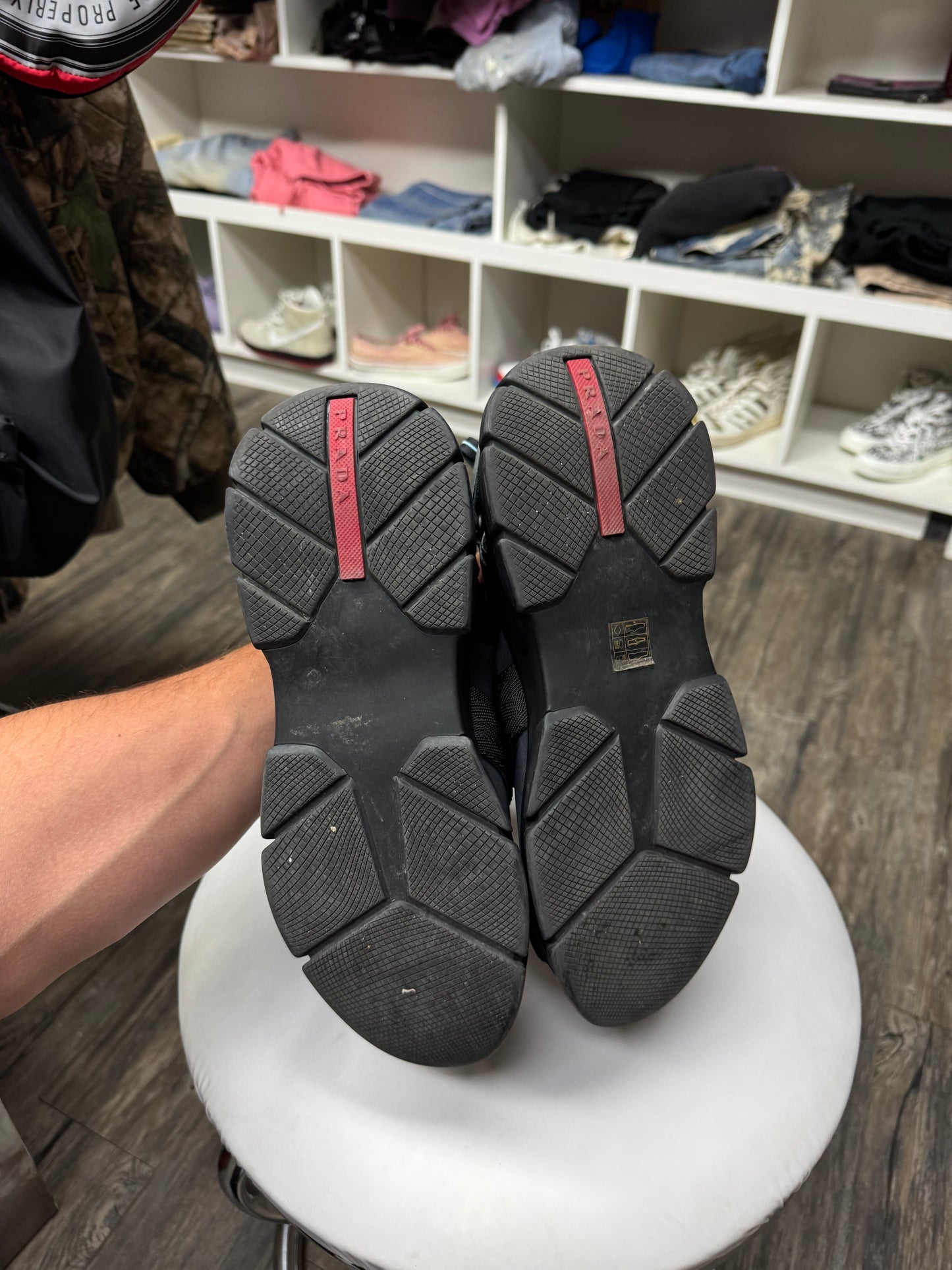 PRADA NEOPRENE BUCKLED WEDGE SNEAKERS (9.5)