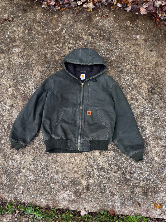 VINTAGE CARHARTT GREEN DENIM HOODED JACKET (L)