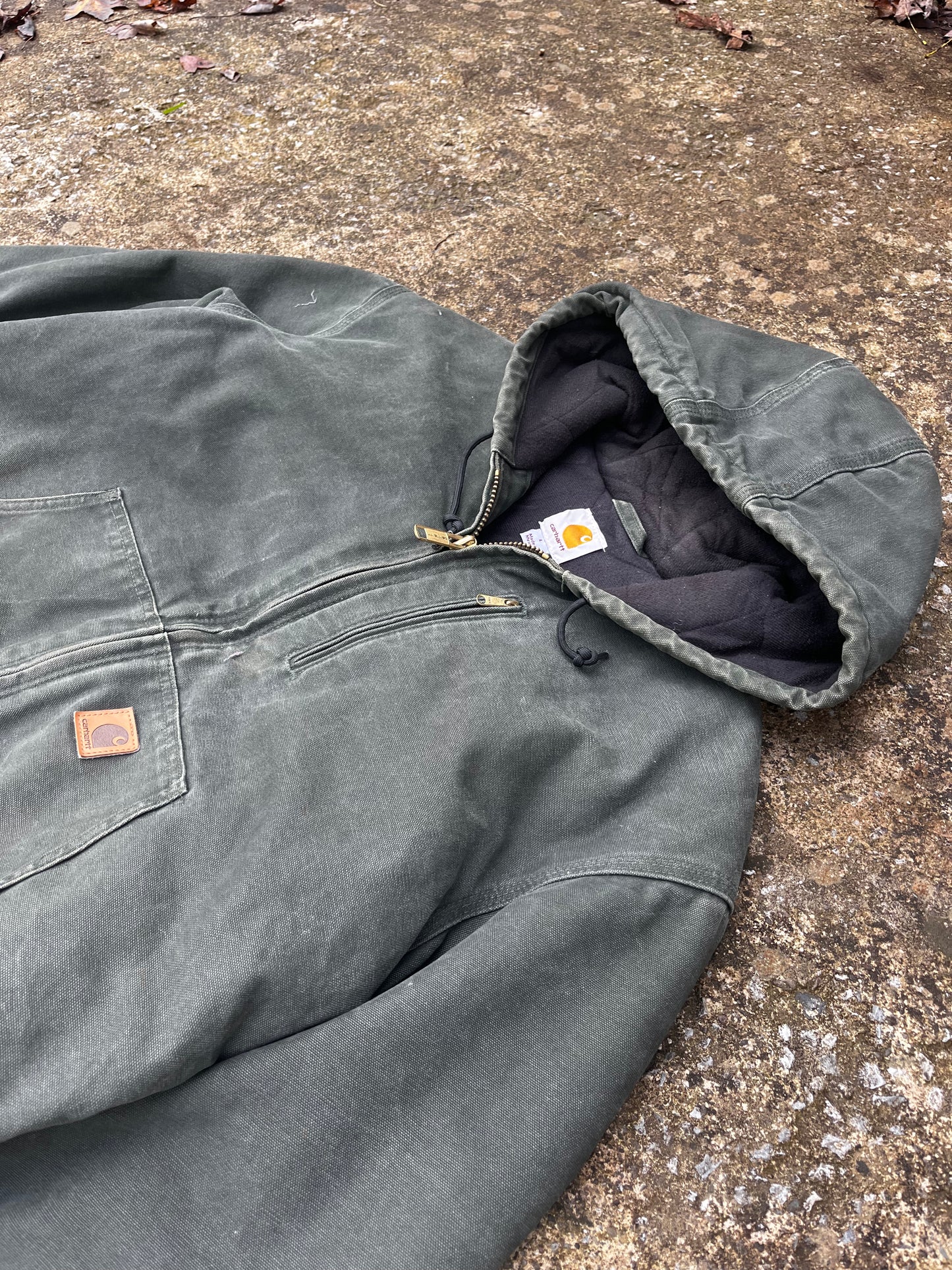 VINTAGE CARHARTT GREEN DENIM HOODED JACKET (L)