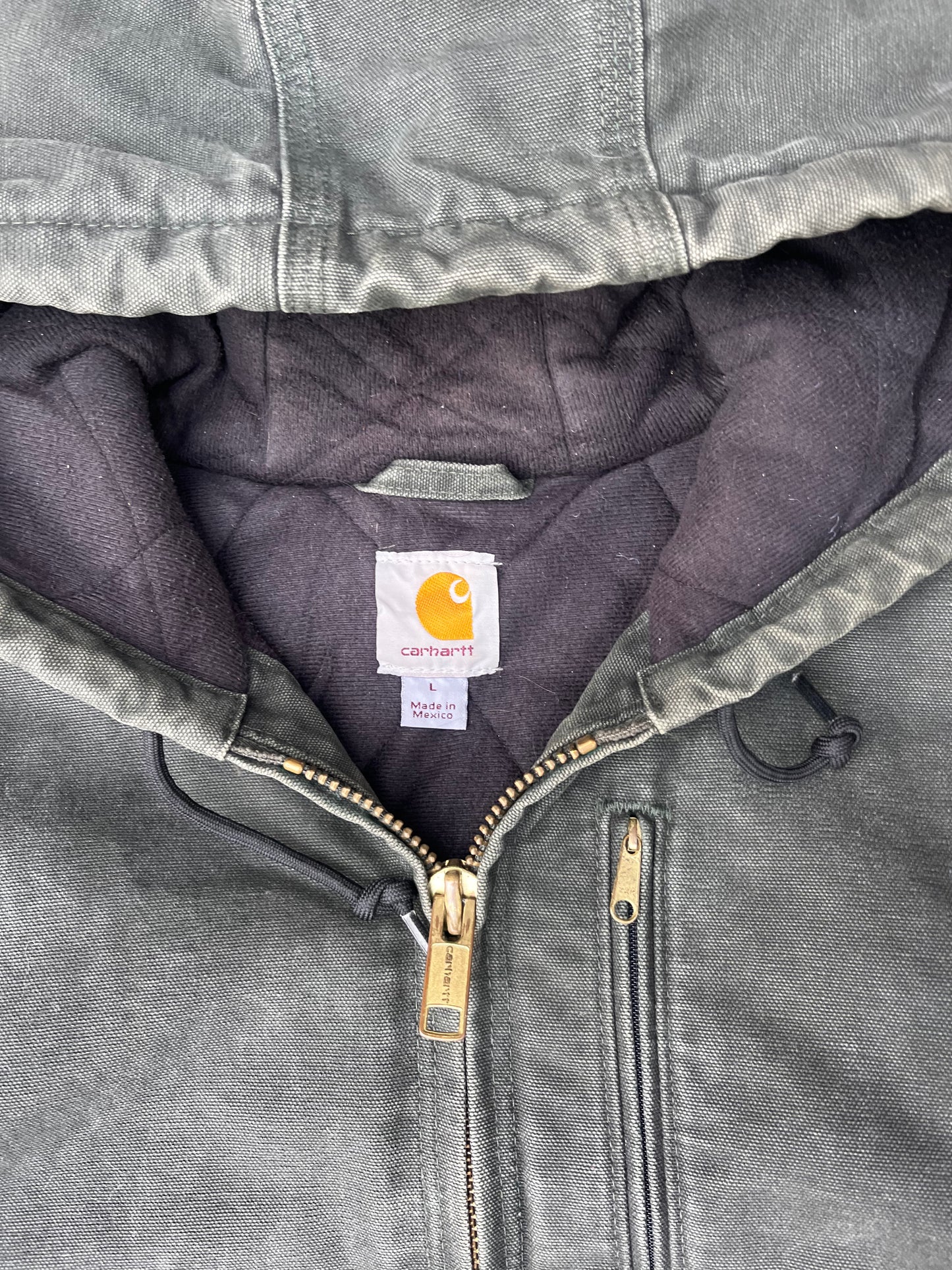 VINTAGE CARHARTT GREEN DENIM HOODED JACKET (L)