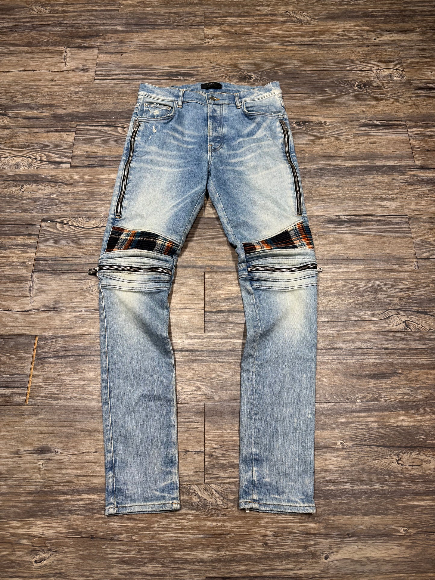 AMIRI MX2 INDIGO/ORANGE FLANNEL ZIPPER SKINNY JEANS (32)