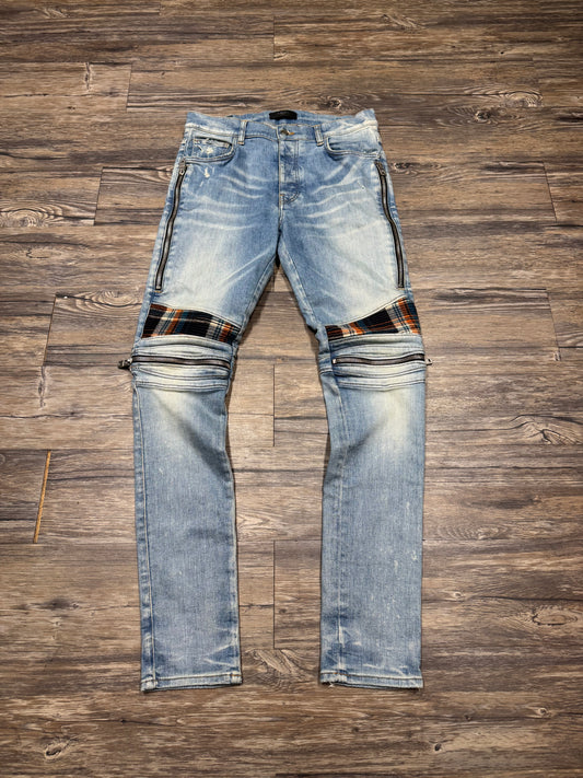 AMIRI MX2 INDIGO/ORANGE FLANNEL ZIPPER SKINNY JEANS (32)