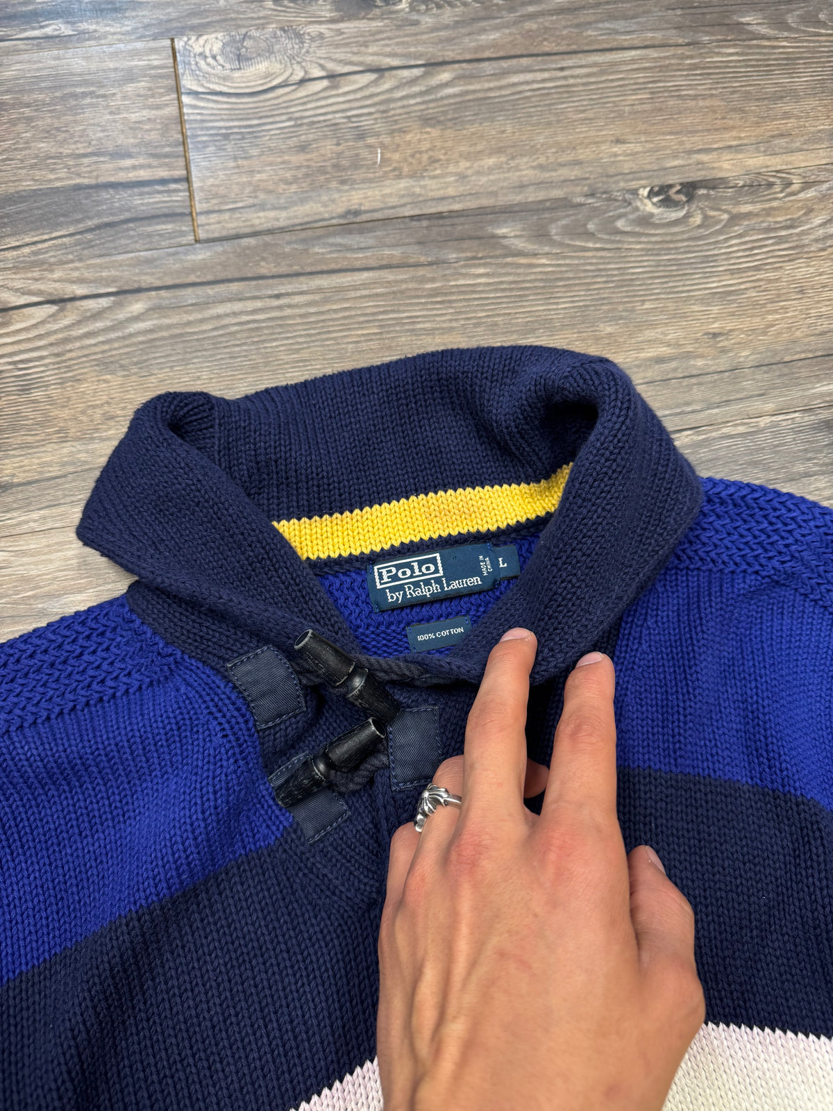POLO RALPH LAUREN STRIPPED COTTON KNIT TOGGLE KNECK SWEATER (L)