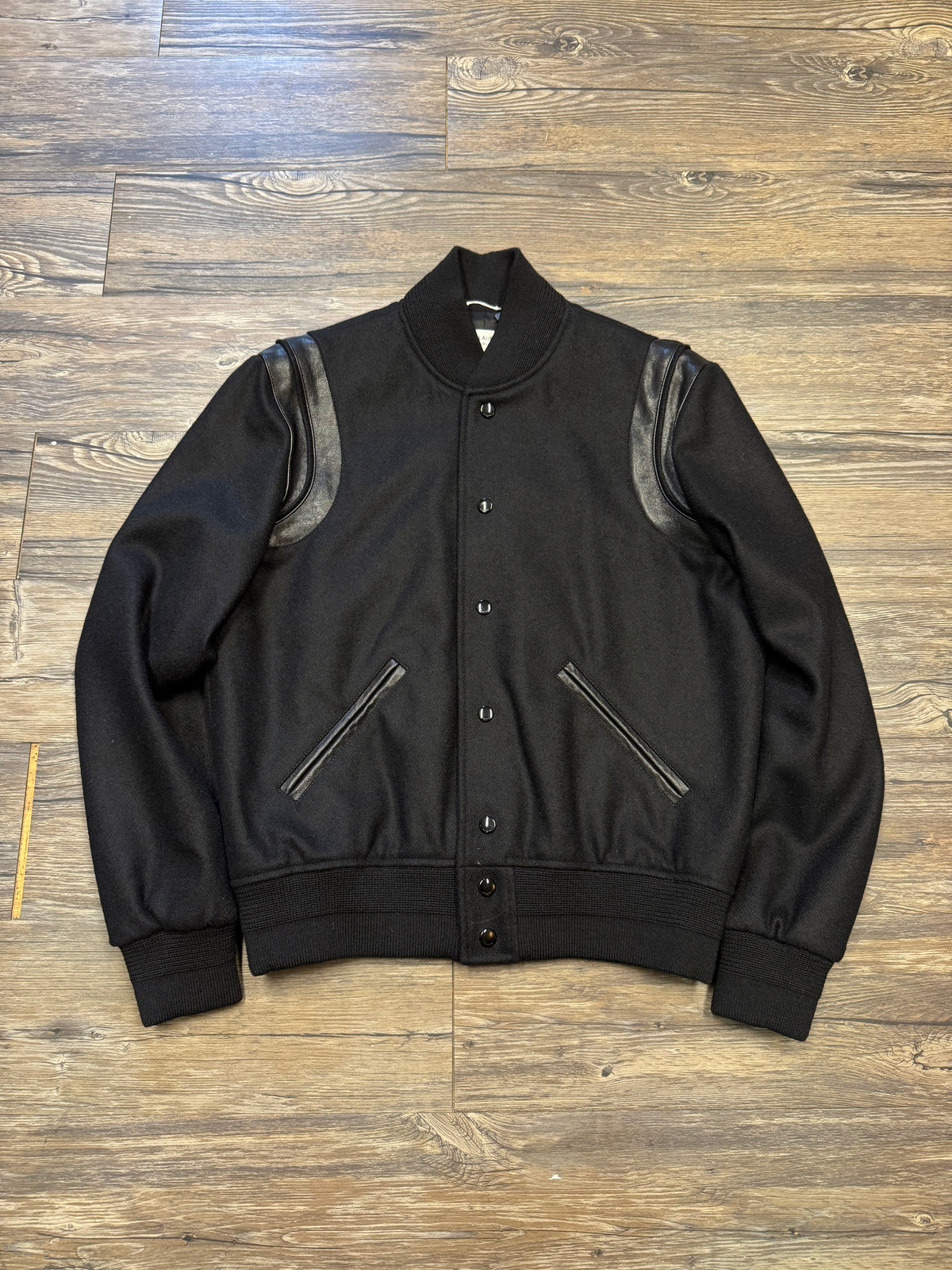 SAINT LAURENT BLACK LEATHER HYBRID TEDDY JACKET (46)
