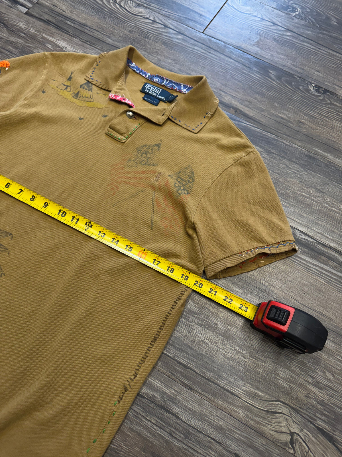 POLO RALPH LAUREN NATIVE AMERICAN SASHIKO STITCH STENCIL POLO SHIRT (M)