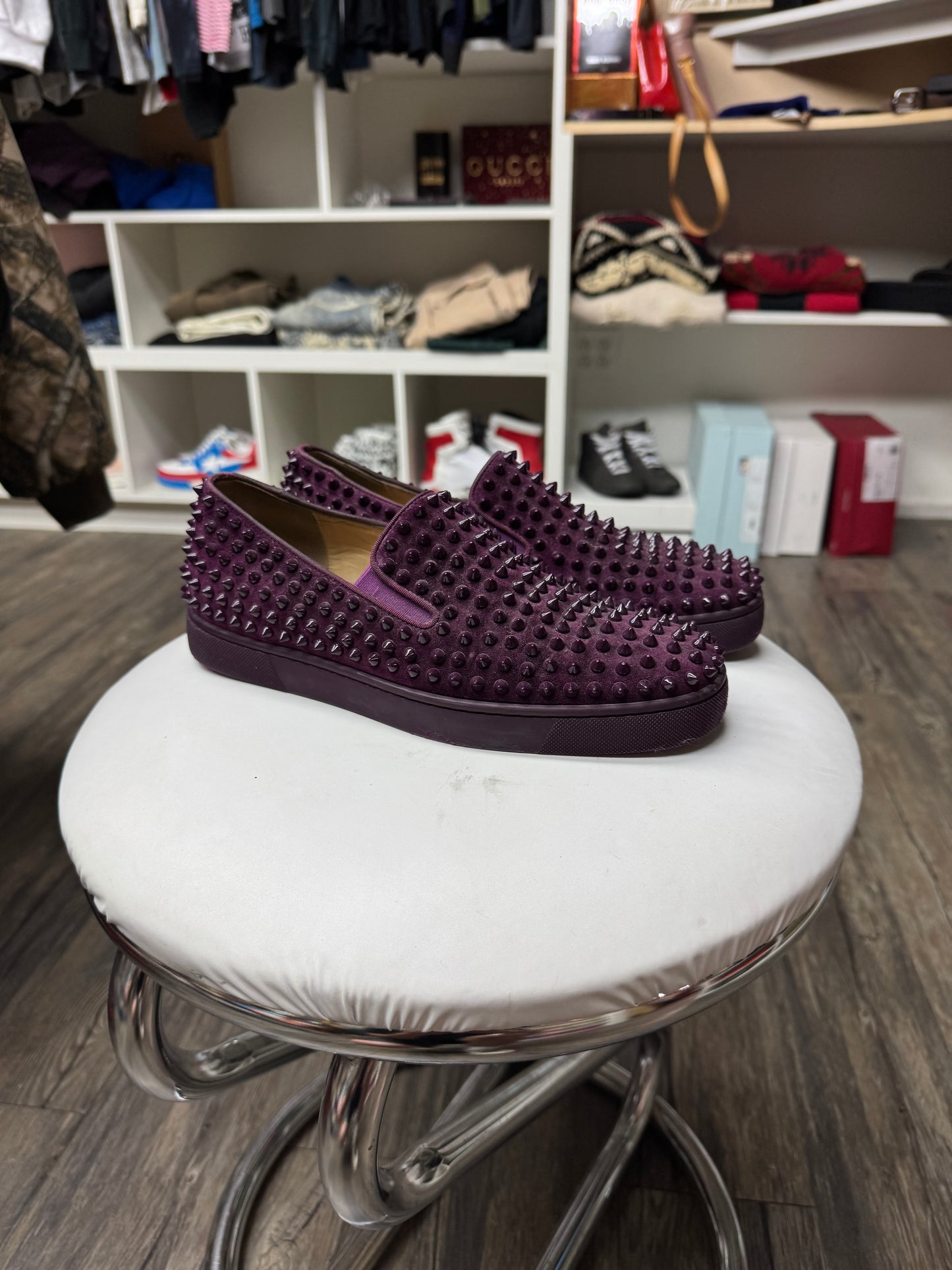 LOU BOUTIN RED BOTTOM ROLLER BOAT ‘MERLOT’ FLAT LOAFERS
