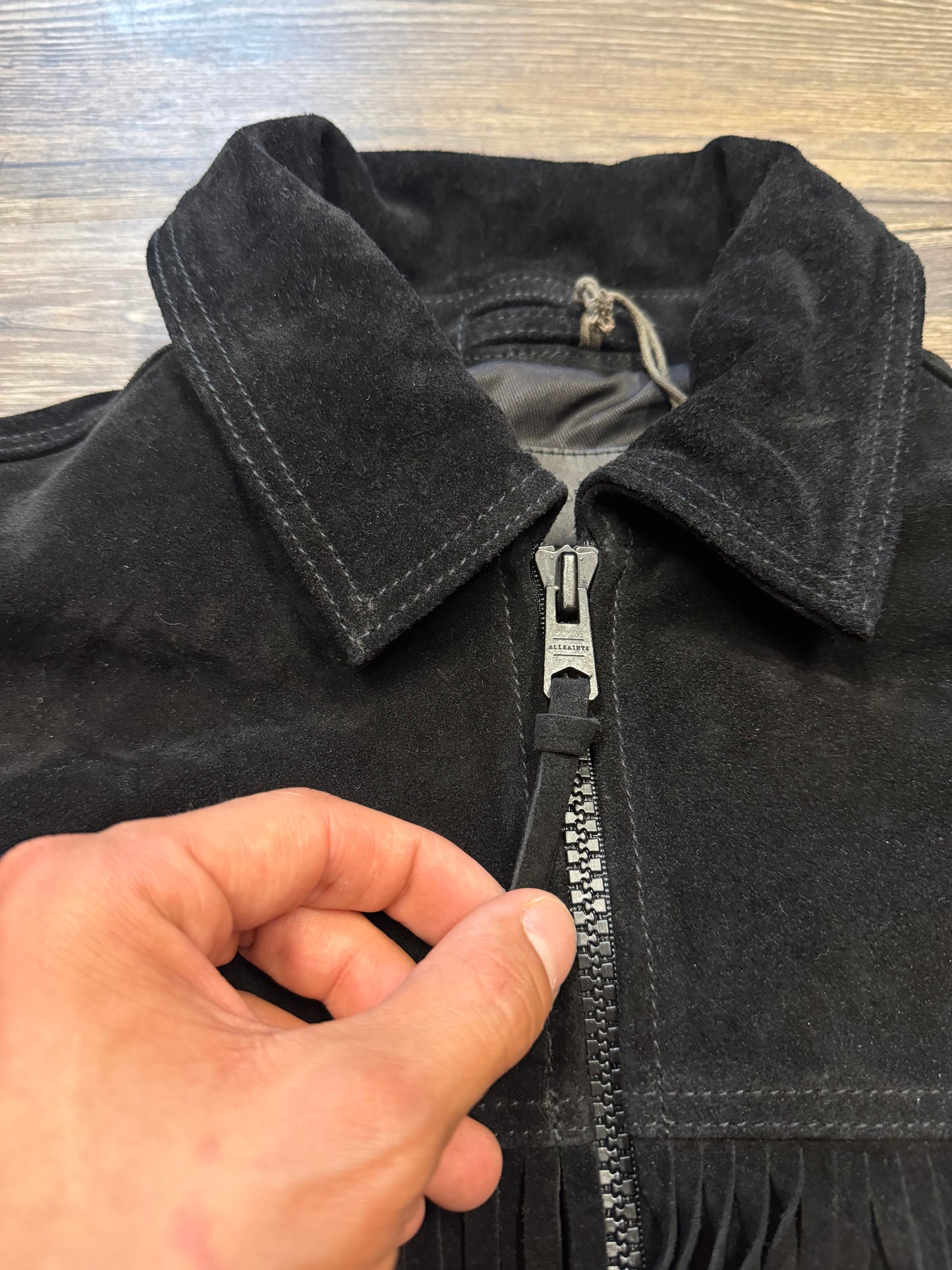 ALL SAINTS WARREN SUEDE FRINGE LEATHER JACKET (M)