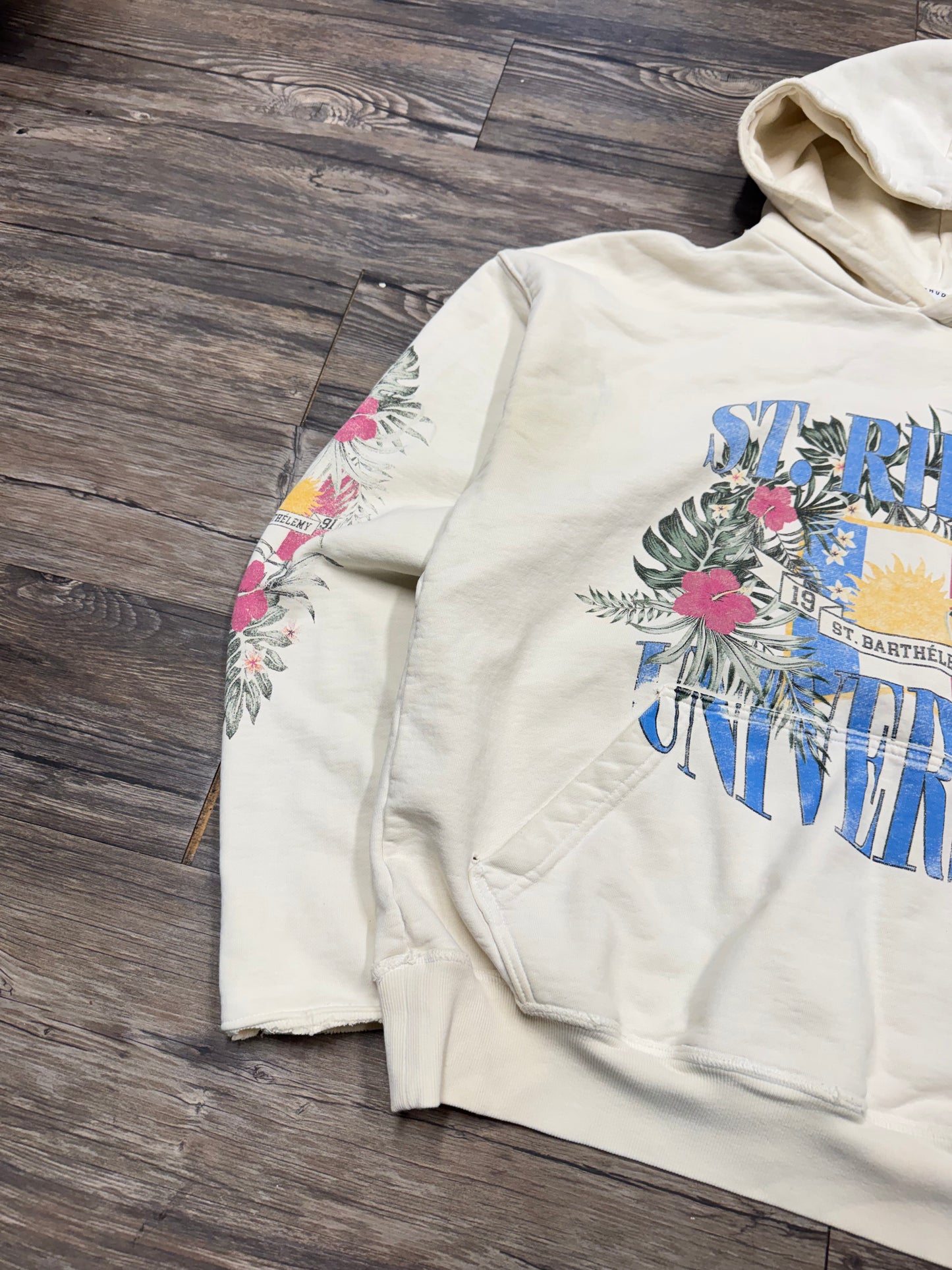 RHUDE VTG SAINT UNIVERSITY CREAM HOODED SWEATSHIRT (XS)