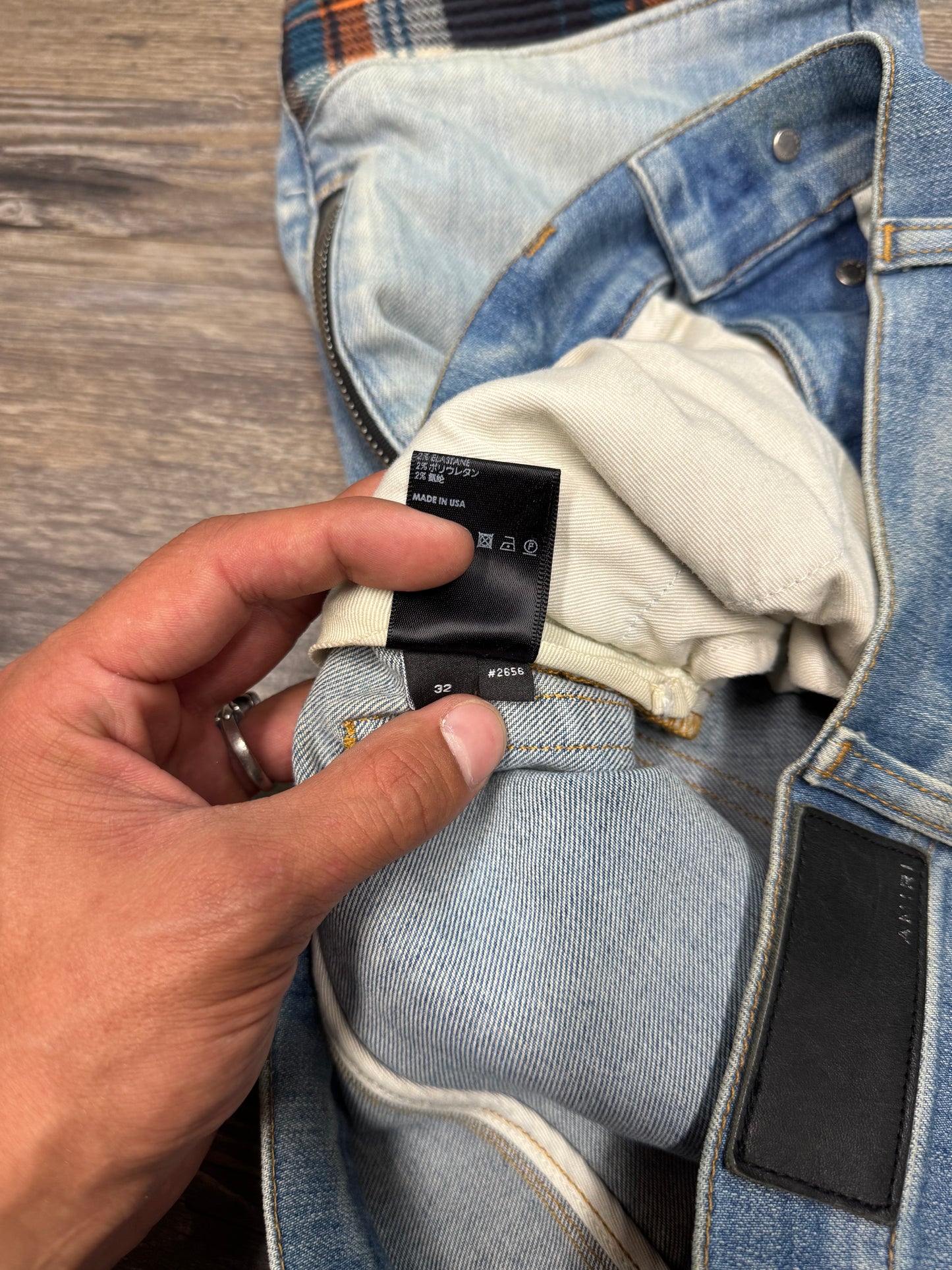 AMIRI MX2 INDIGO/ORANGE FLANNEL ZIPPER SKINNY JEANS (32)