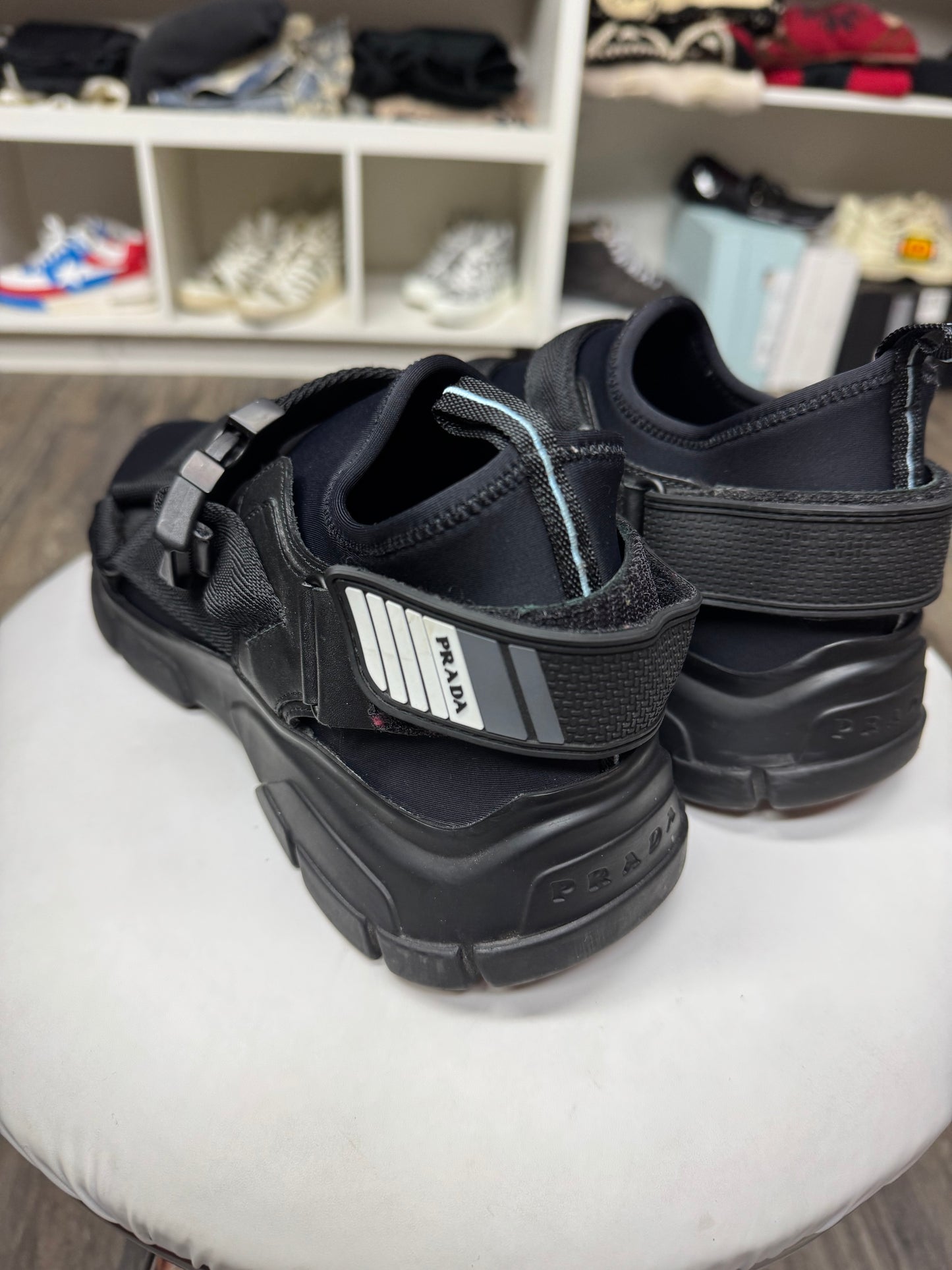 PRADA NEOPRENE BUCKLED WEDGE SNEAKERS (9.5)