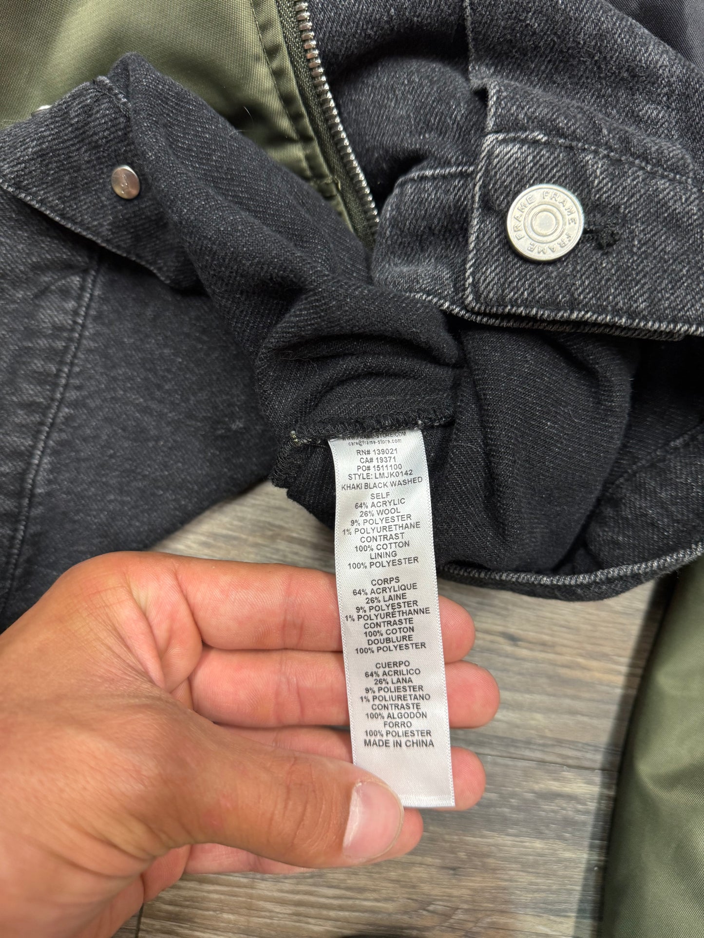 FRAME DOUBLE LAYERED DENIM/NYLON BOMBER JACKET (L)