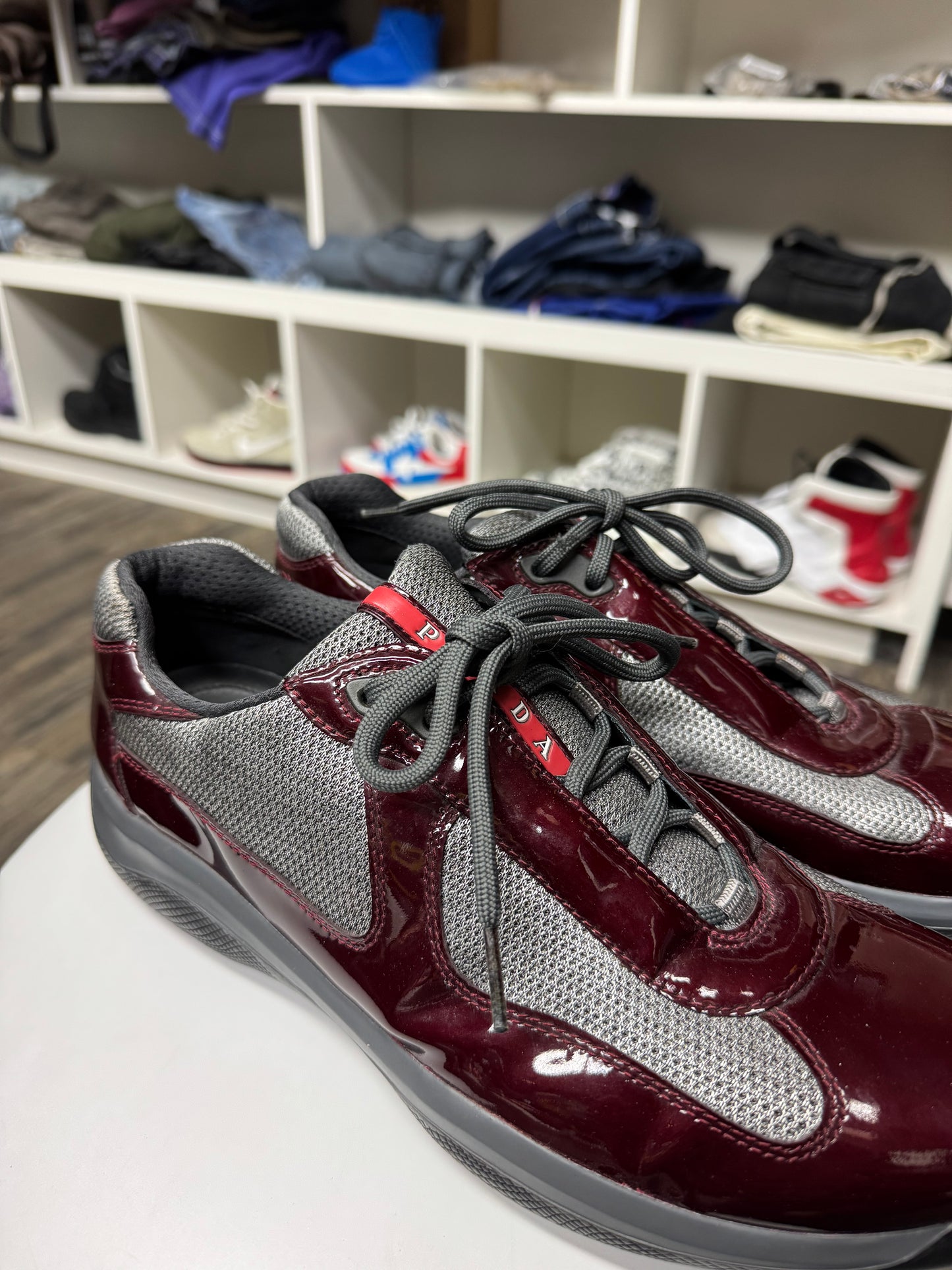 PRADA WINE RED PATENT LEATHER CUPS (10.5)