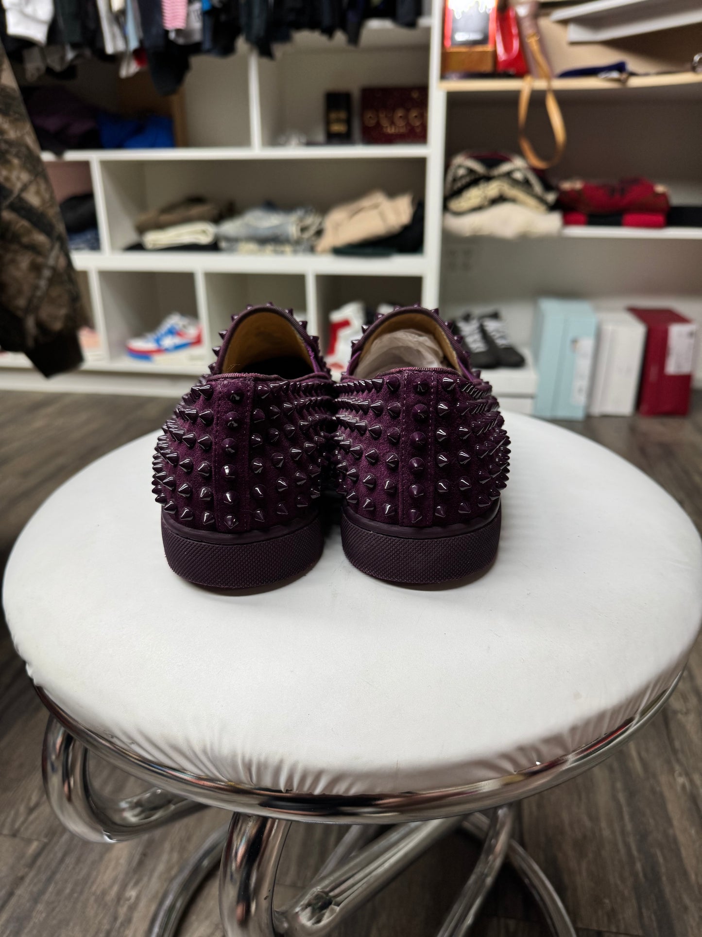 LOU BOUTIN RED BOTTOM ROLLER BOAT ‘MERLOT’ FLAT LOAFERS