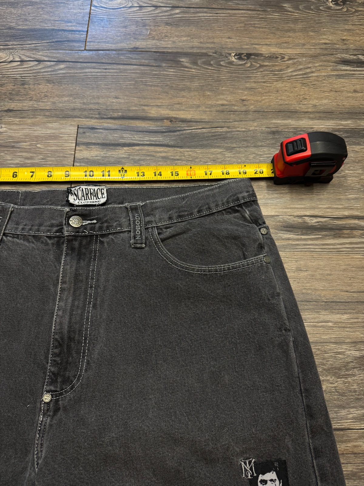 SCARFACE BAGGY DISTRESSED DENIM JORTS (36)