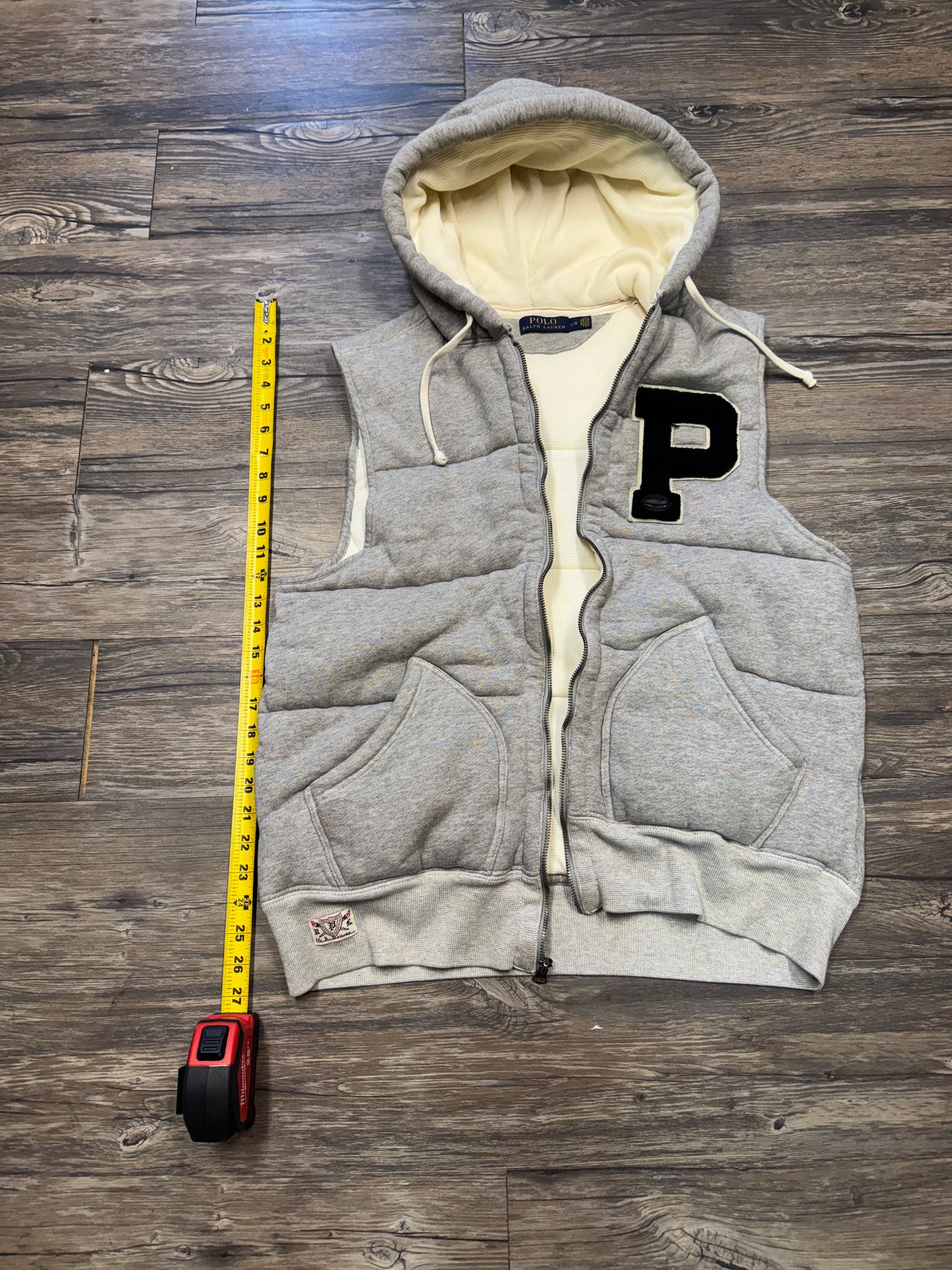 POLO RALPH LAUREN VARSITY BIG P LINED WAFFLE BUBBLE VEST (L)