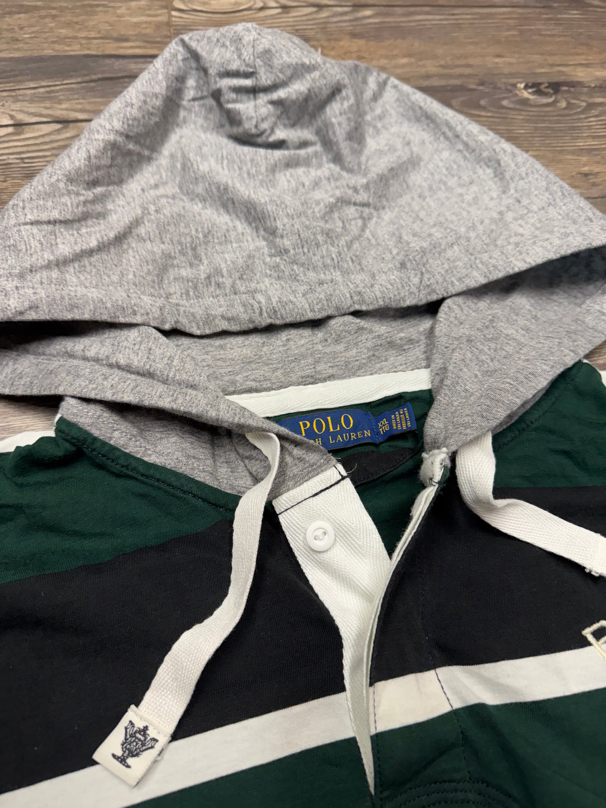 POLO RALPH LAUREN STRIPED R.L.F.C SKULL & CROSSBONES HENLEY HOODIE (XXL)