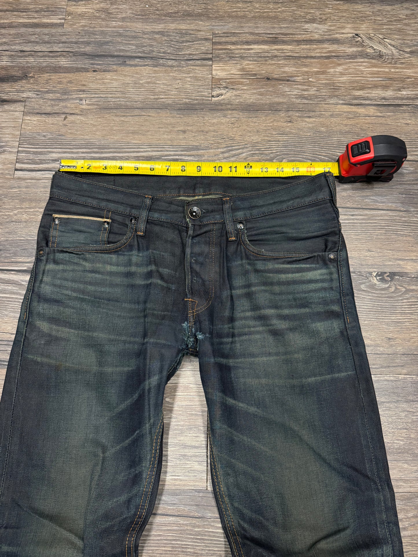 EDWINS INDIGO WASHED SELVEDGE REPAIRED JEANS (31x33)