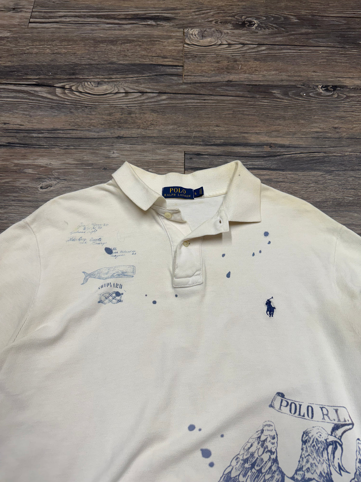 POLO RALPH LAUREN NAVAL STENCIL PRINT POLO SHIRT (L)