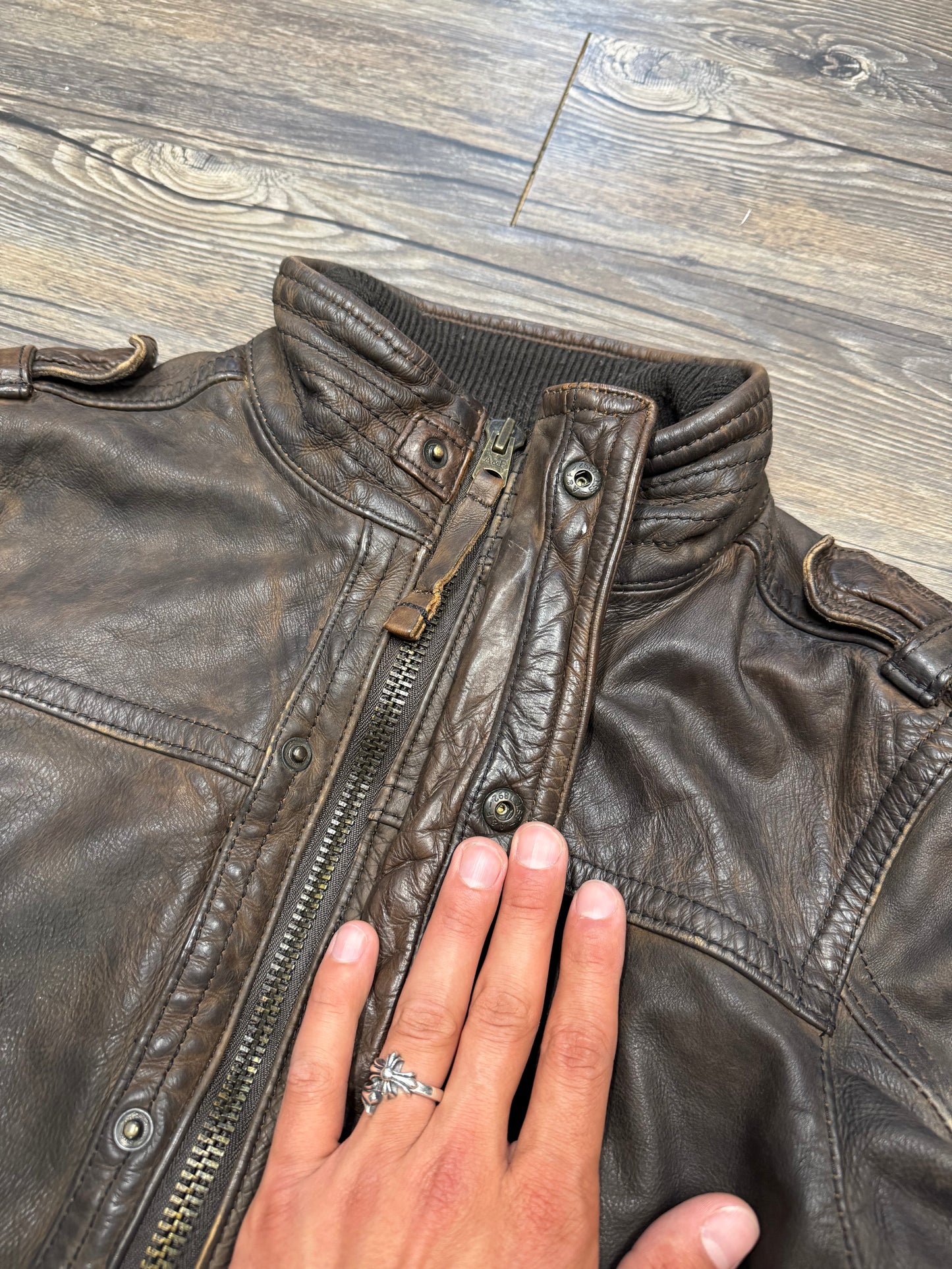 ABERCROMBIE & FITCH 80s SLANT ROCK PLAID LINED FLIGHT LEATHER JACKET (L)