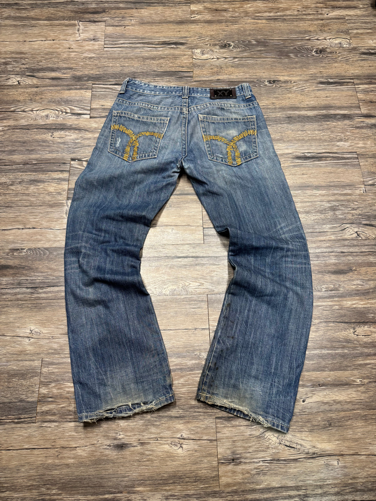 XRAY FADED & DISTRESSED BOOTCUT DENIM JEANS (34)