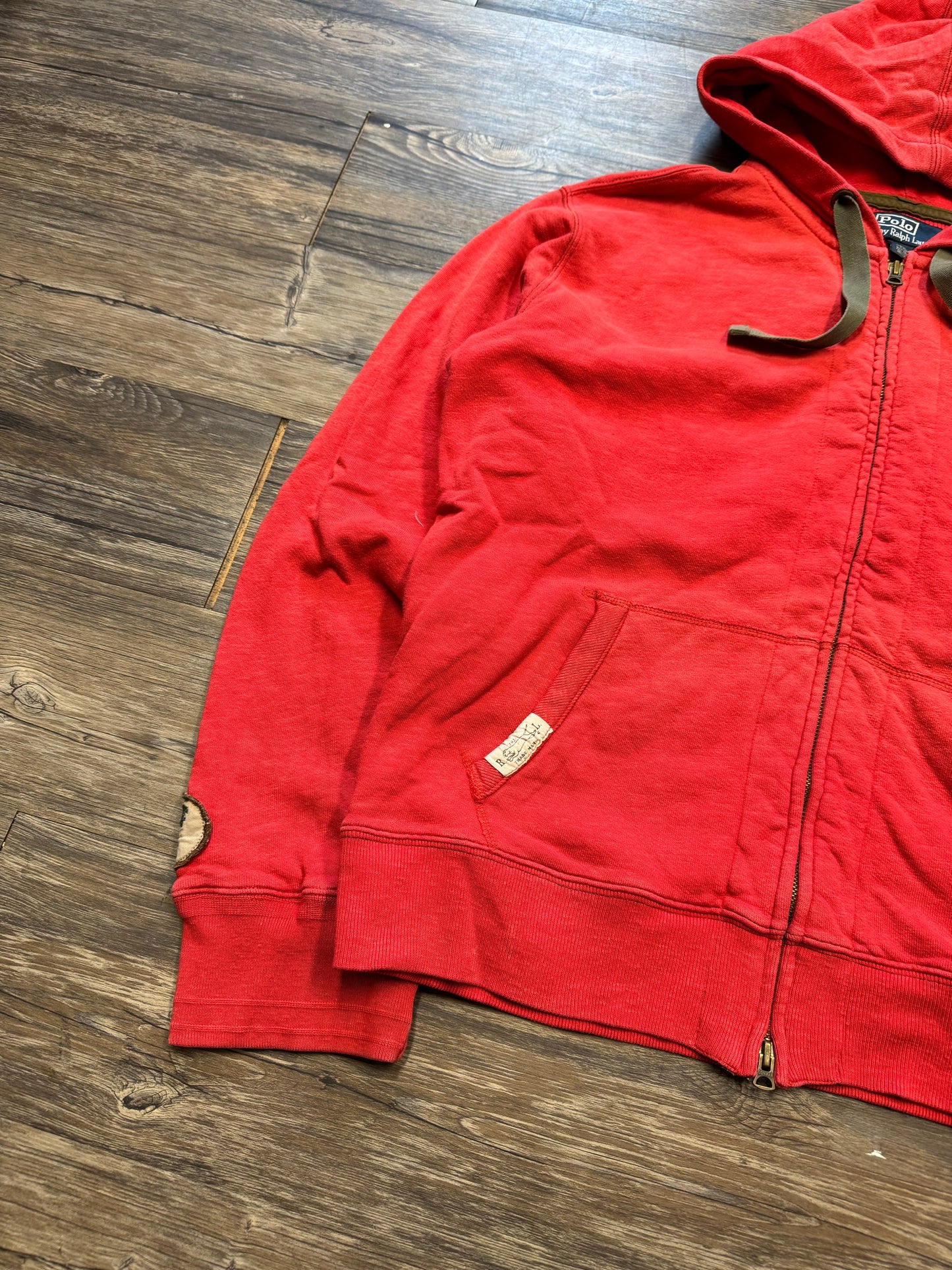 POLO RALPH LAUREN RED VINTAGE WAFFLE ARMY ZIP-UP HOODIE (XL)