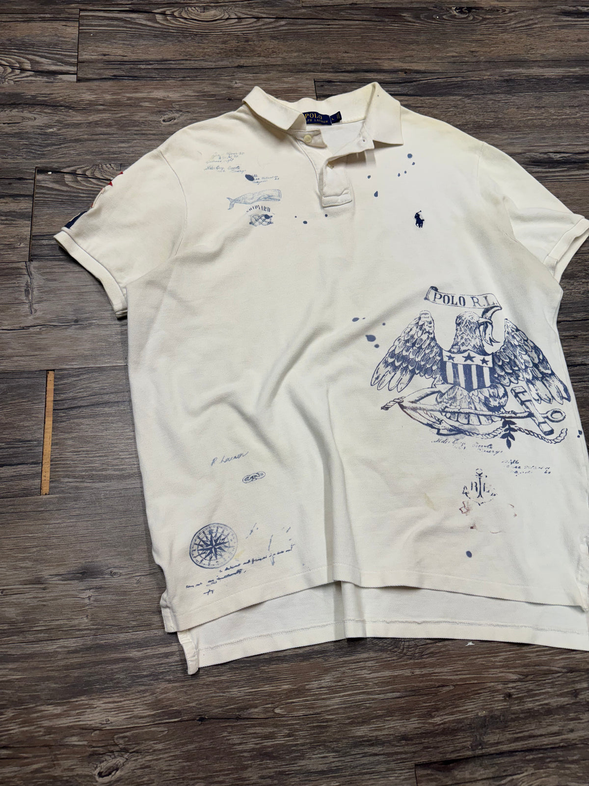 POLO RALPH LAUREN NAVAL STENCIL PRINT POLO SHIRT (L)