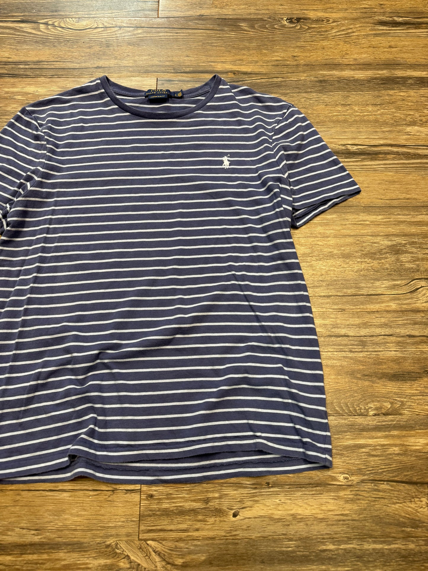 POLO RALPH LAUREN NAVY BLUE STRIPED CREW NECK T-SHIRT (L)
