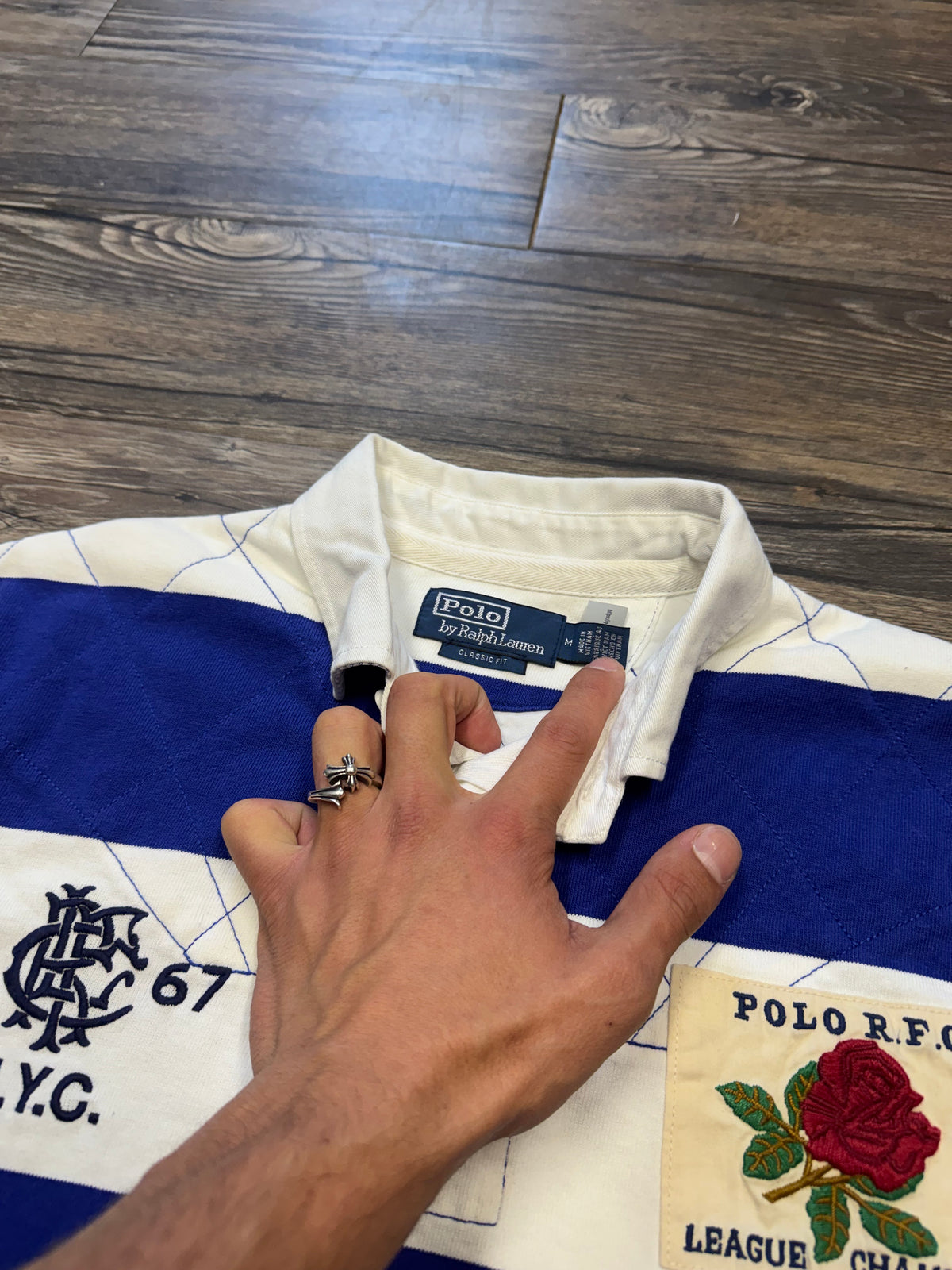 POLO RALPH LAUREN ROSE PATCH STRIPED ROYAL BLUE RUGBY SHIRT (M)