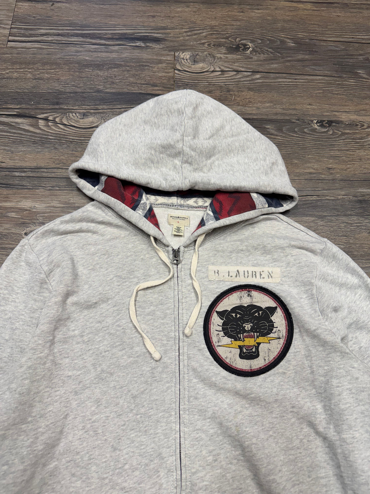 POLO RALPH LAUREN PUMA PATCH TARTAN HOODED ZIP UP SWEATSHIRT (L)