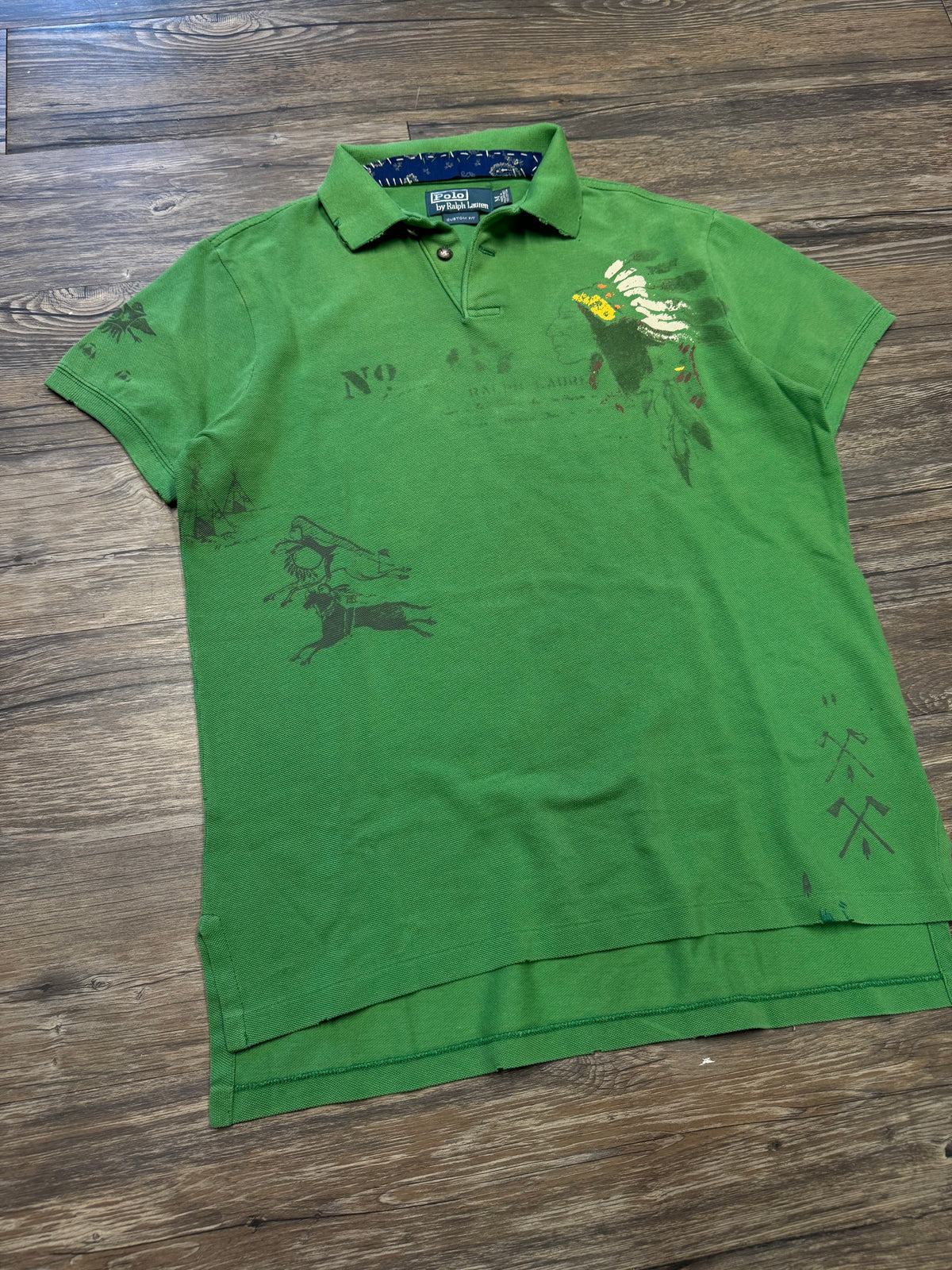 POLO RALPH LAUREN STENCIL NATIVE AMERICAN LUCKY GREEN POLO SHIRT (M)