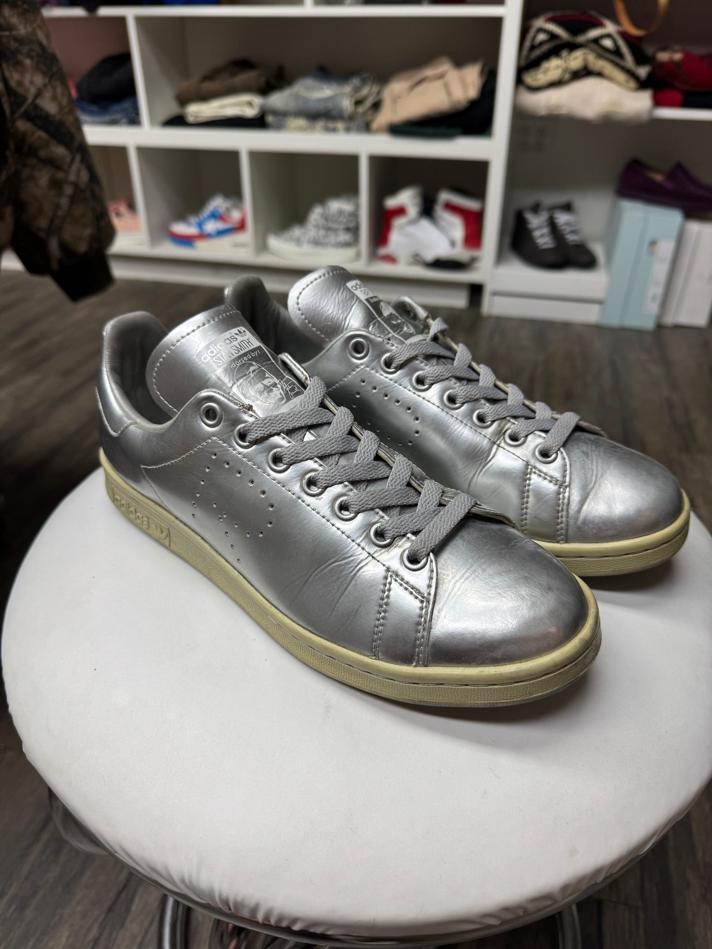 RAF SIMONS X STAN SMITHS METALLIC LOW TOP SNEAKERS (8.5)