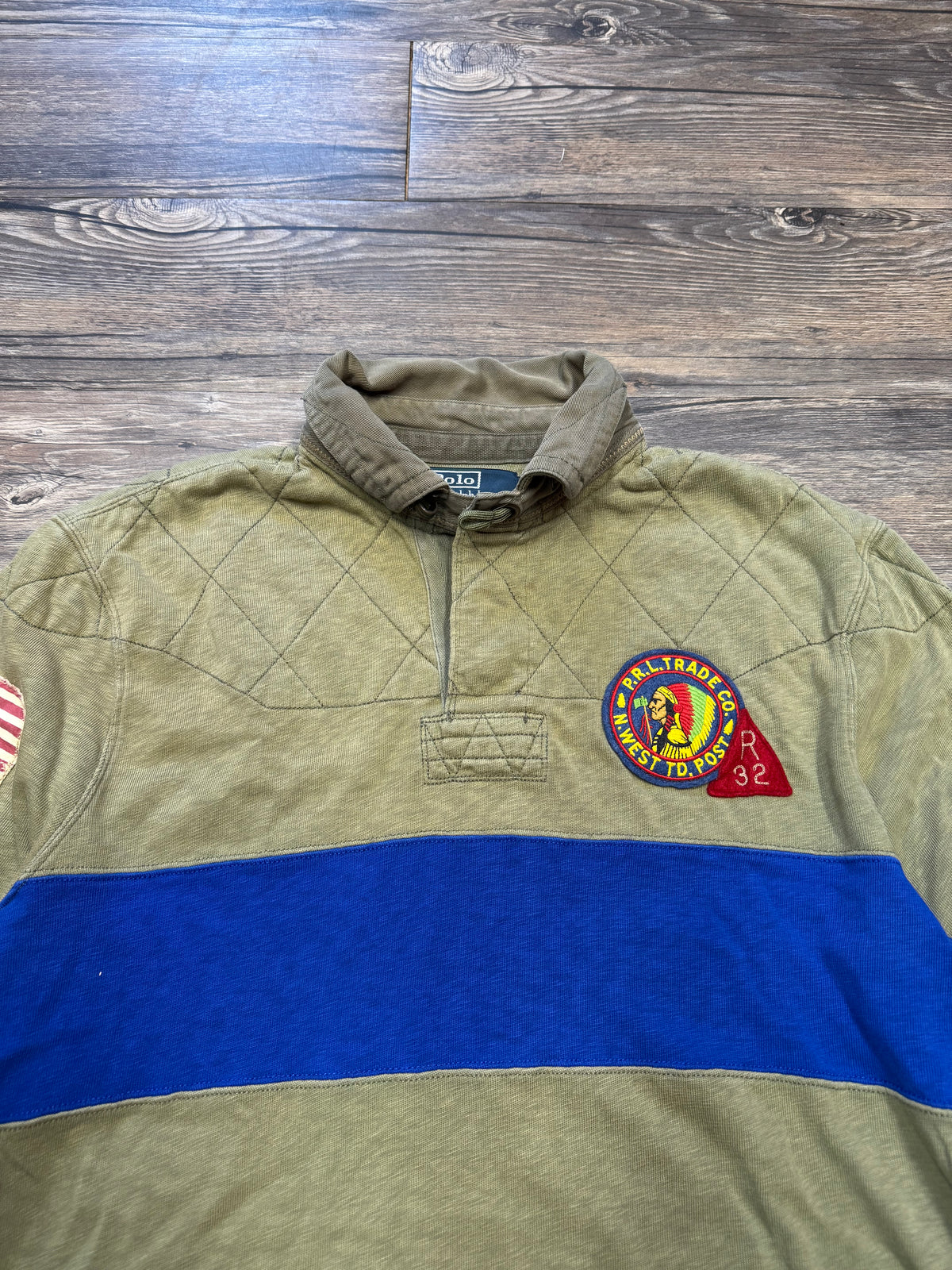 POLO RALPH LAUREN NATIVE AMERICAN PATCH OLIVE RUGBY SHIRT (L)