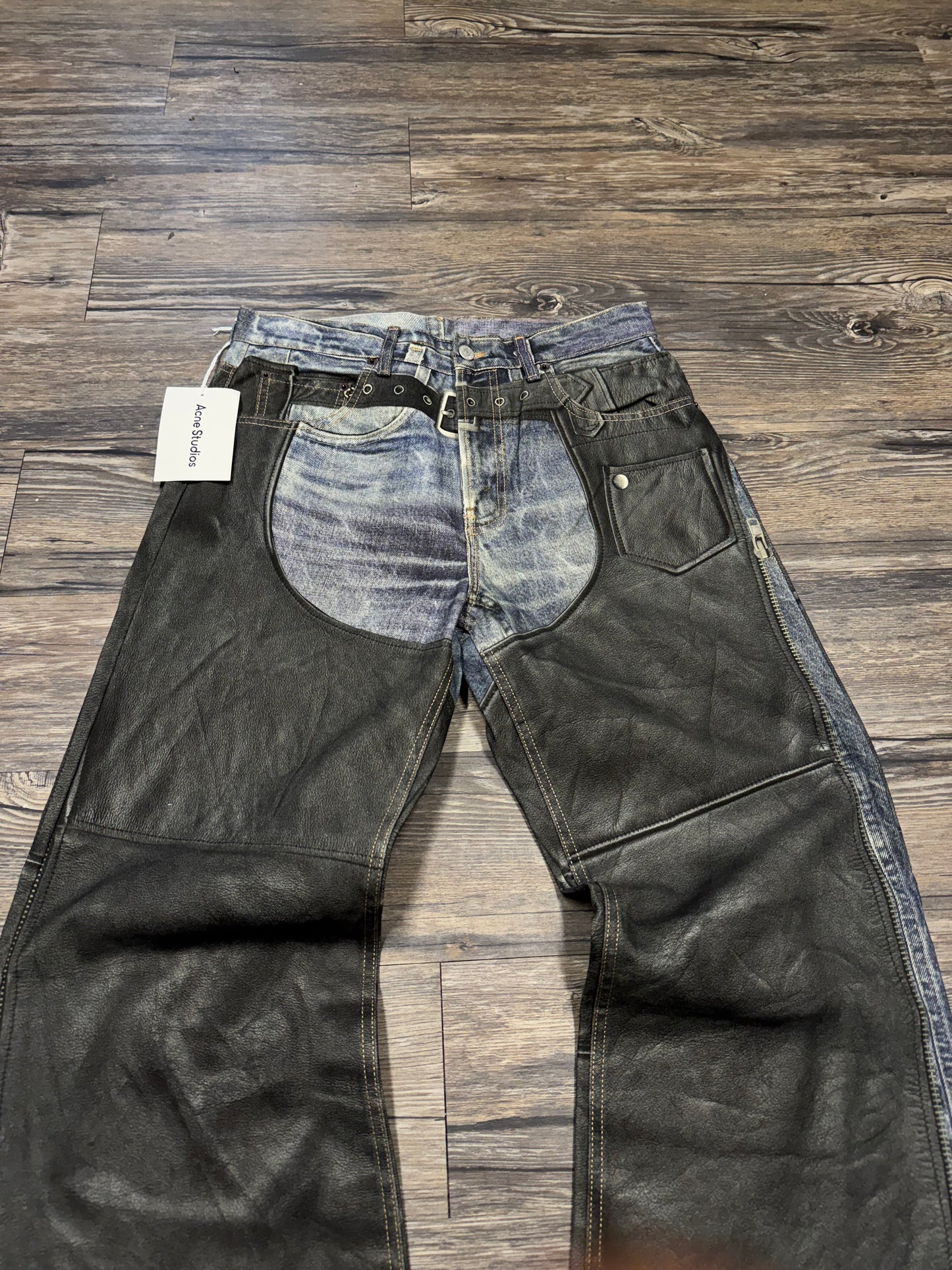 ACNE STUDIOS FAUX LEATHER CHAPS TROMPE L’OEIL JEANS (31)