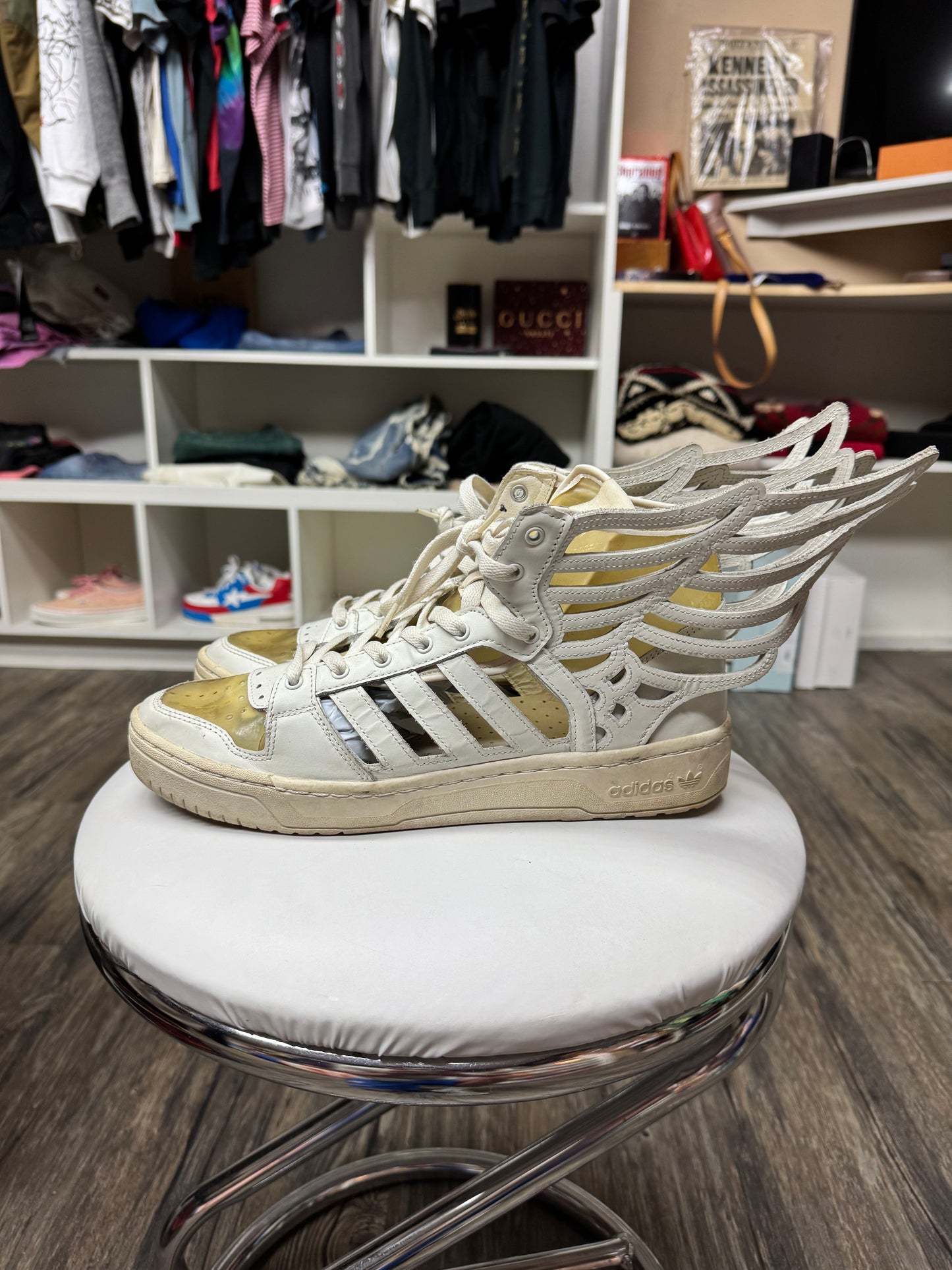 JEREMY SCOTT X ADIDAS CUT OUT HI-TOP SNEAKERS (10.5)