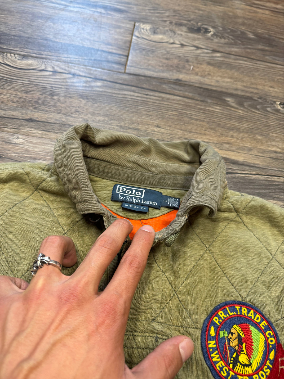 POLO RALPH LAUREN NATIVE AMERICAN PATCH OLIVE RUGBY SHIRT (L)