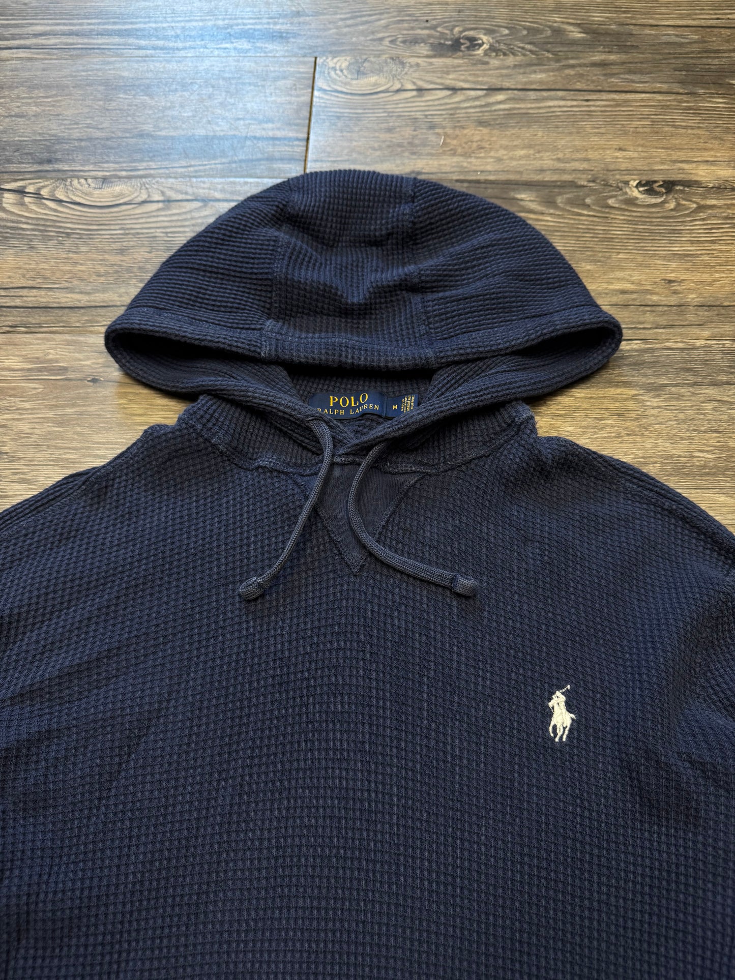 POLO RALPH LAUREN NAVY WAFFLE-KNIT HOODIE (M)