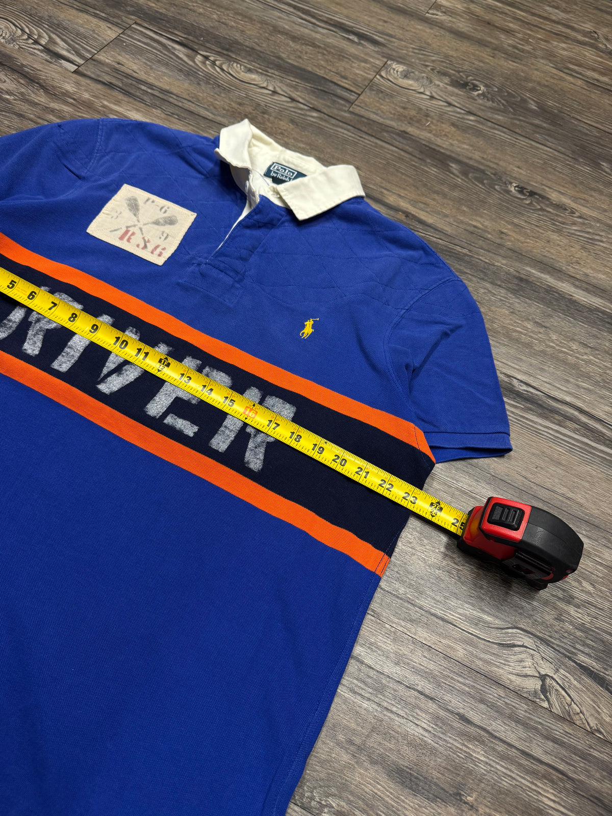 POLO RALPH LAUREN SMALL PONY RIVER RAFTING STRIPED ROYAL BLUE POLO SHIRT (XL)
