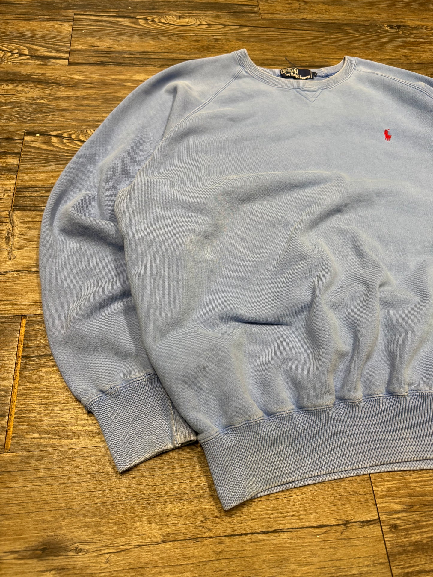 POLO RALPH LAUREN BABY BLUE 90s BOXY FADED CREWNECK (L)