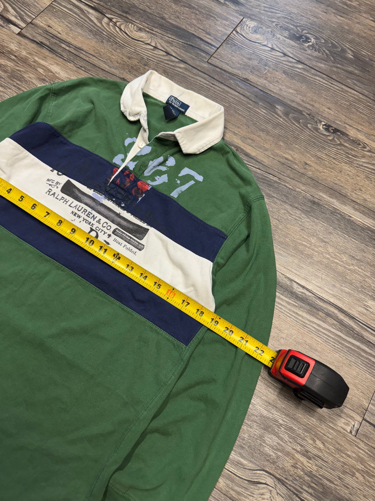 POLO RALPH LAUREN NYC STRIPED FOREST GREEN RUGBY SHIRT (S)