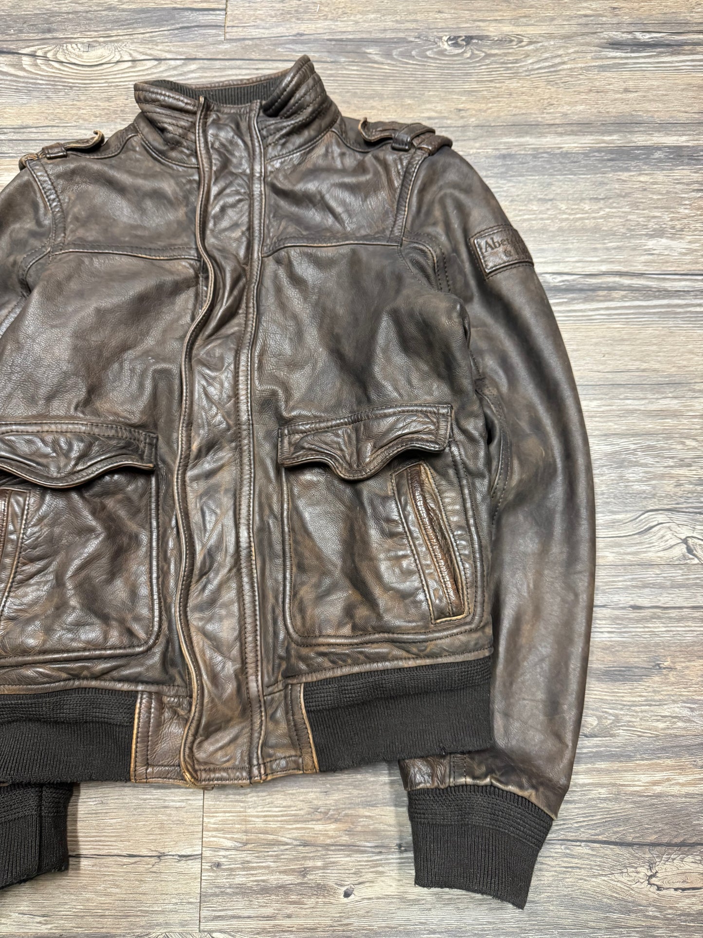 ABERCROMBIE & FITCH 80s SLANT ROCK PLAID LINED FLIGHT LEATHER JACKET (L)