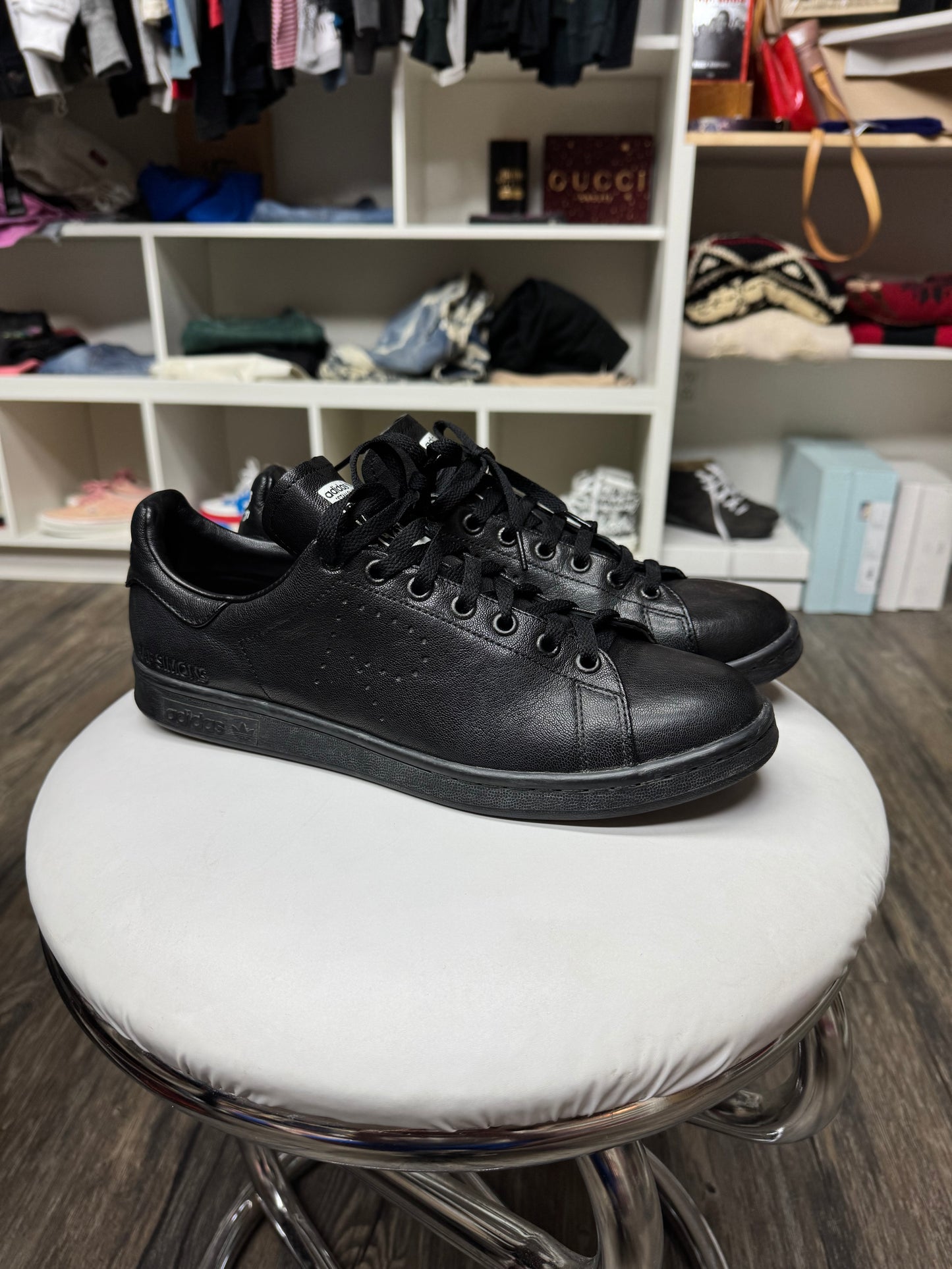 RAF SIMONS X STANS SMITH LEATHER BLACK LOW TOP SNEAKERS (10.5)