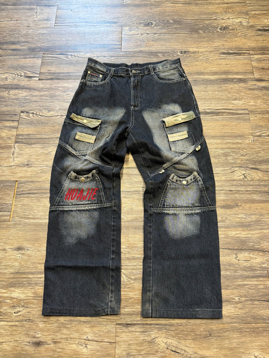 JAPANESE WASHED MULTI POCKET EMBROIDERED DARK WASH JEANS (33)