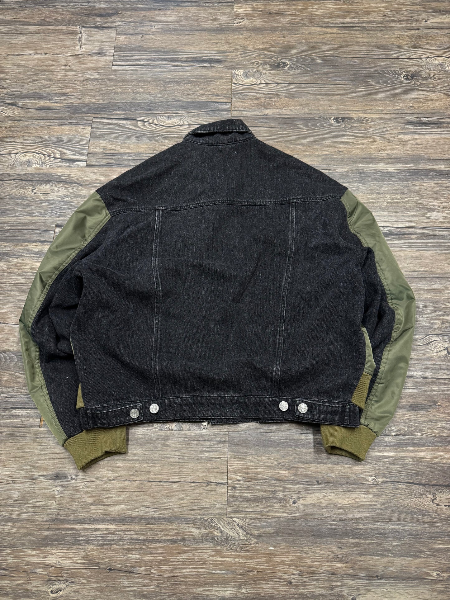 FRAME DOUBLE LAYERED DENIM/NYLON BOMBER JACKET (L)