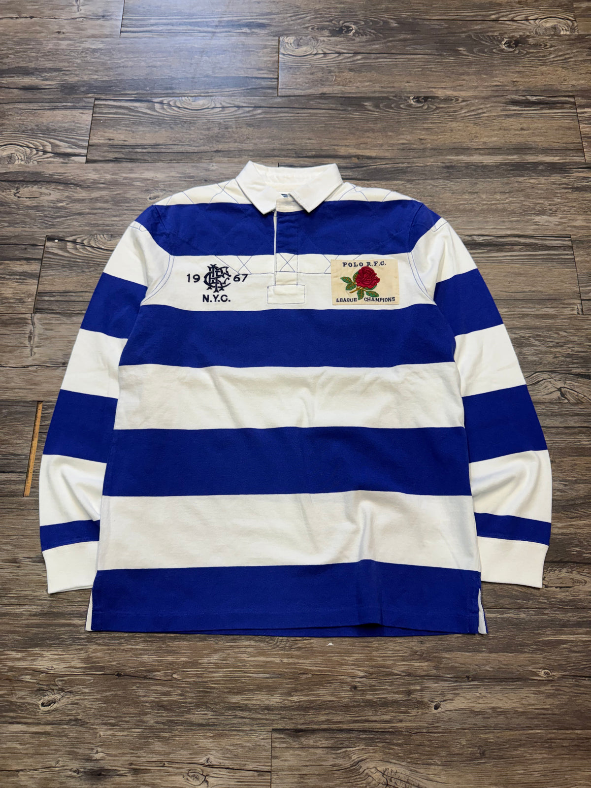POLO RALPH LAUREN ROSE PATCH STRIPED ROYAL BLUE RUGBY SHIRT (M)