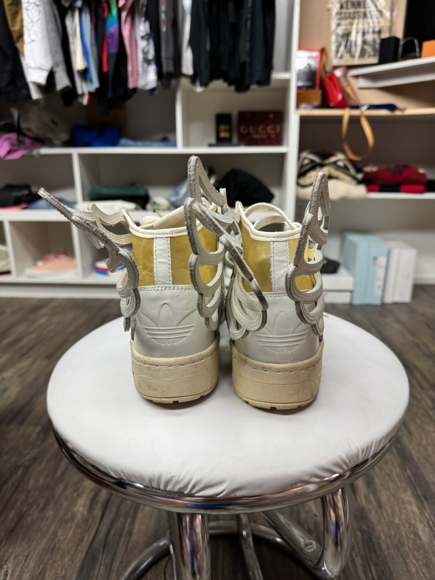 JEREMY SCOTT X ADIDAS CUT OUT HI-TOP SNEAKERS (10.5)