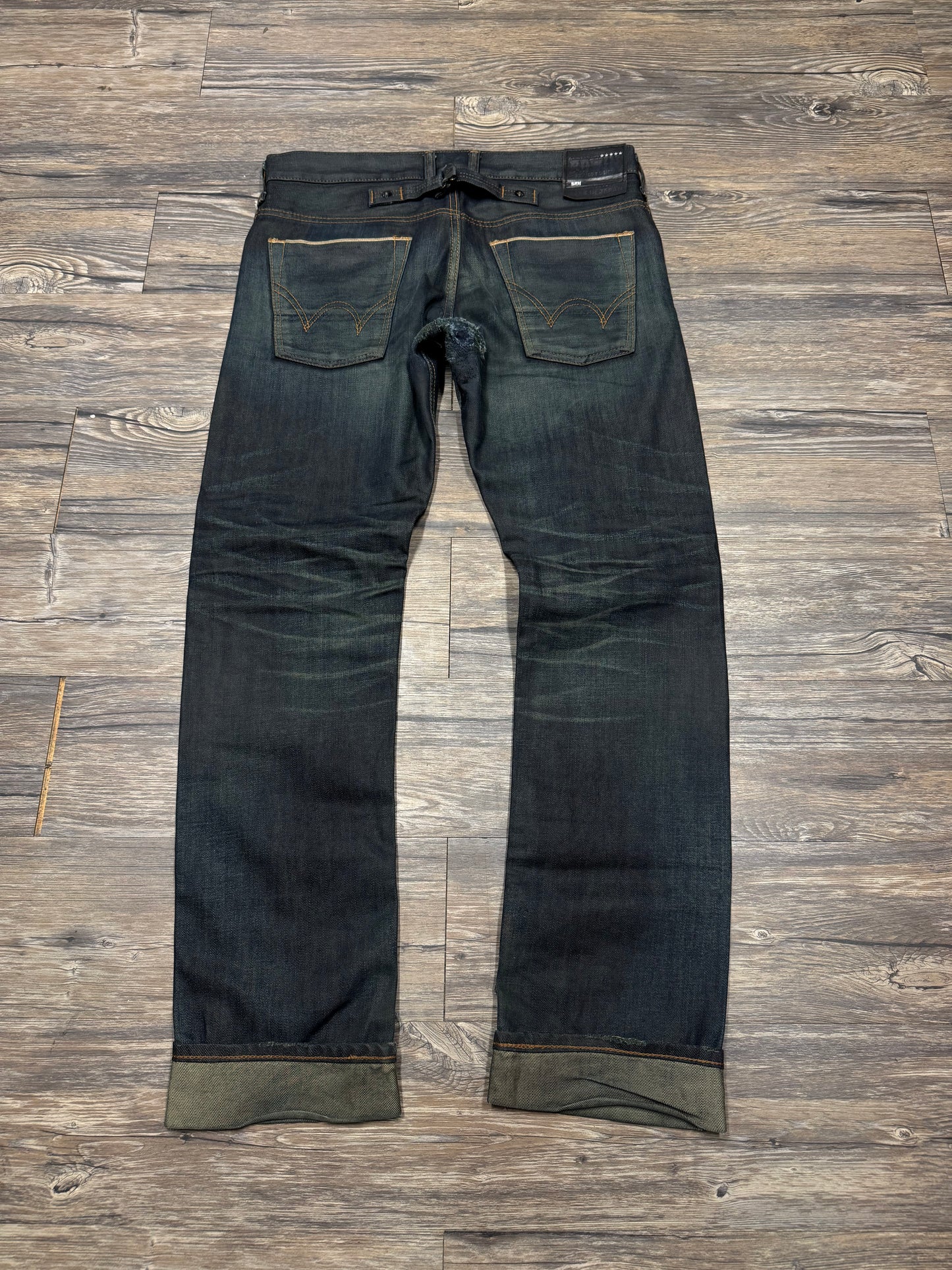EDWINS INDIGO WASHED SELVEDGE REPAIRED JEANS (31x33)