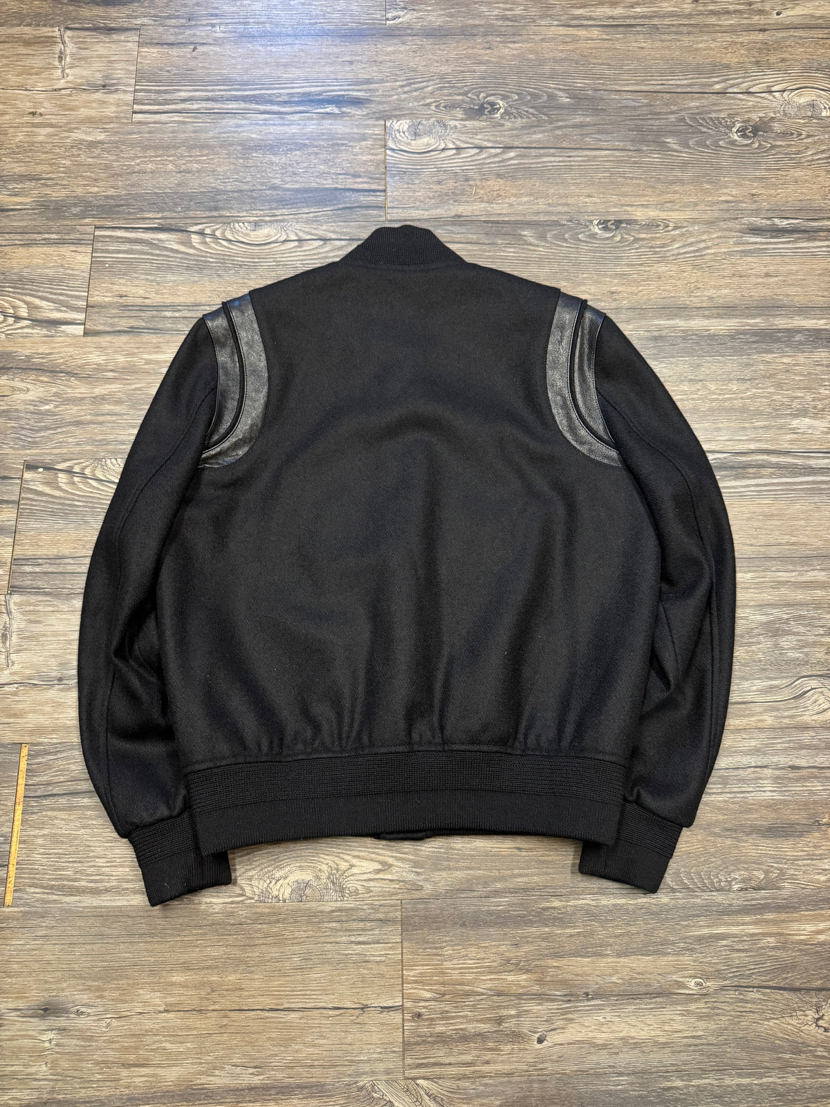SAINT LAURENT BLACK LEATHER HYBRID TEDDY JACKET (46)