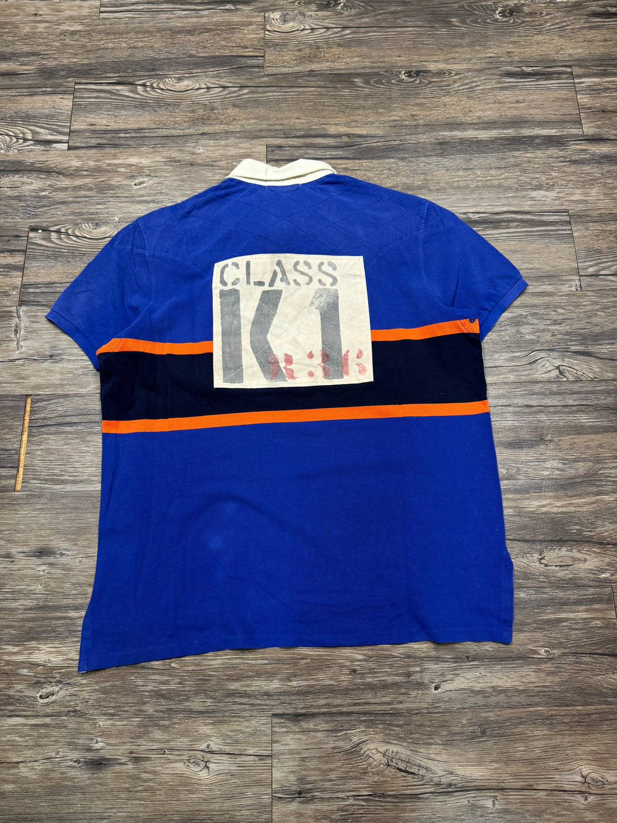 POLO RALPH LAUREN SMALL PONY RIVER RAFTING STRIPED ROYAL BLUE POLO SHIRT (XL)