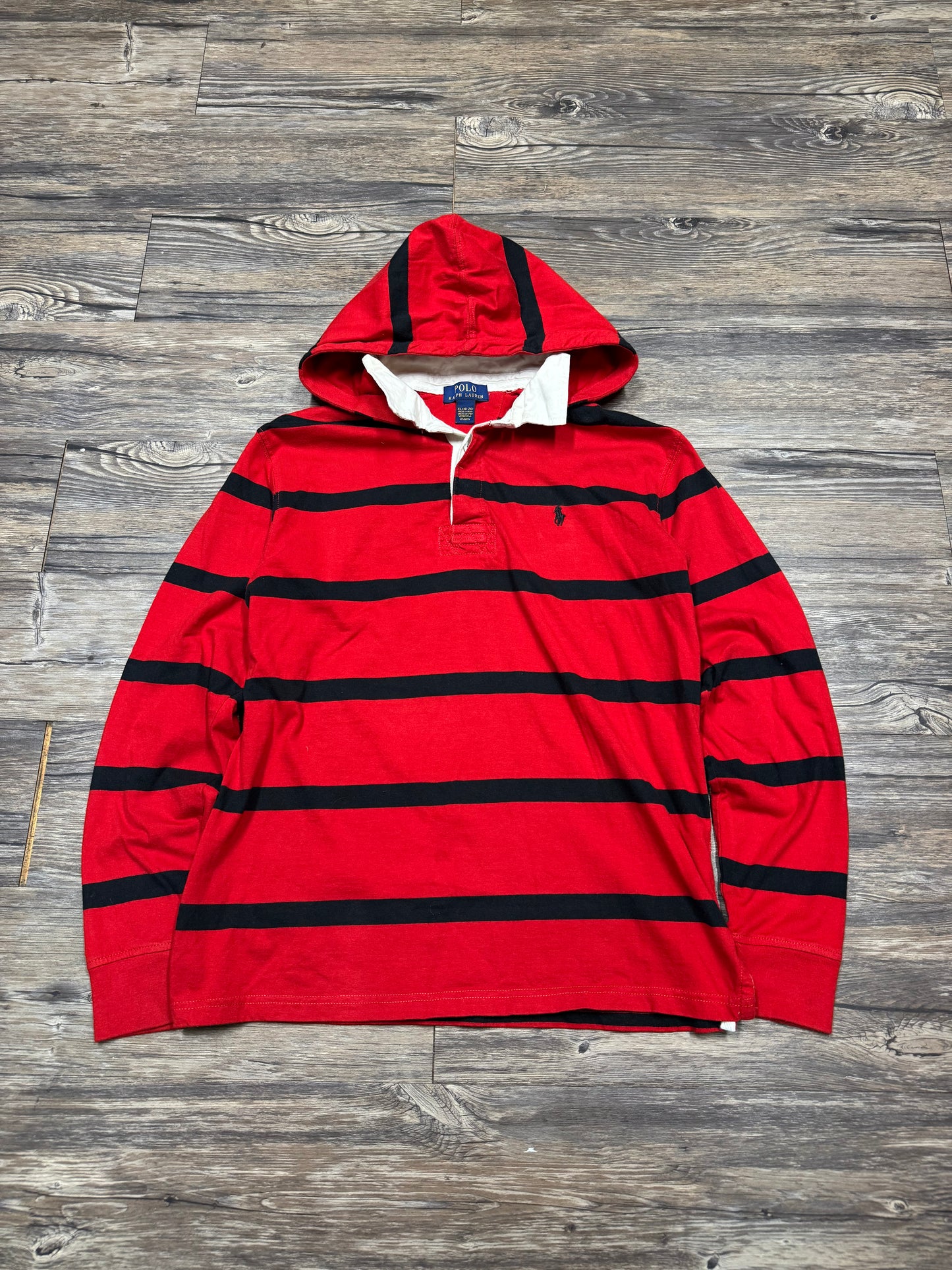 POLO RALPH LAUREN HOODED STRIPED RUGBY SHIRT (S)